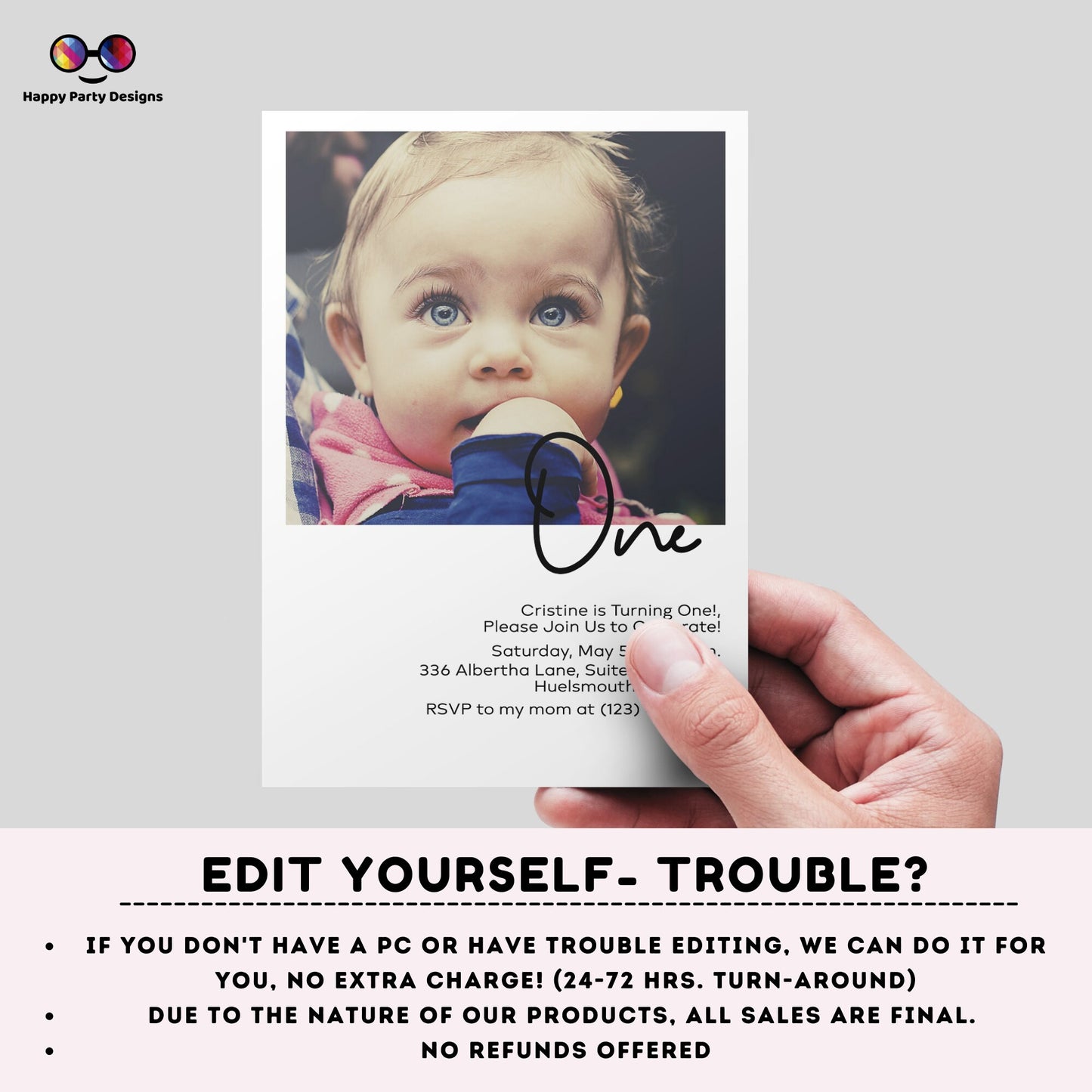 Editable Minimalist First Birthday Invitation | Minimal Party Invitation Instant Template | First Bday Invite | One year | EDITABLE ON LINE