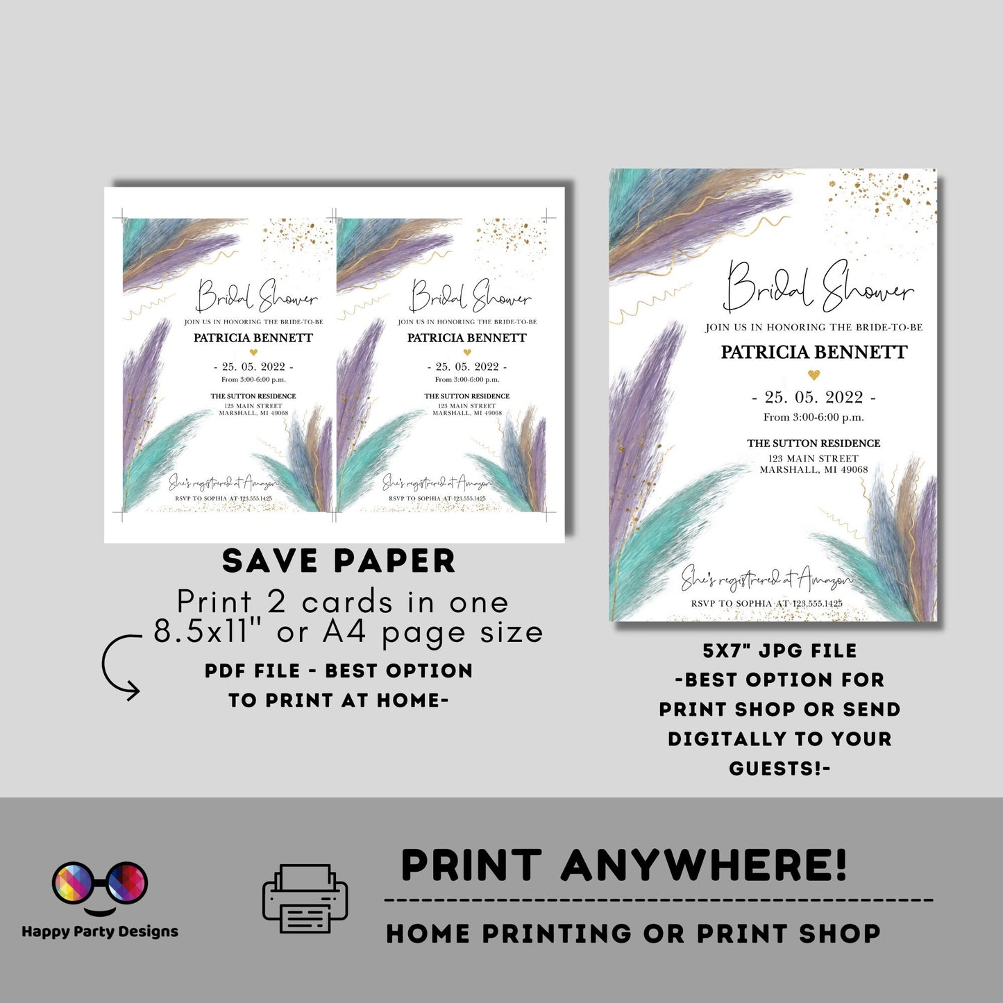 Editable Pampa grass Invitation | Bridal Party Invitation Instant Template | Bachelorette Invite | bohemian | EDITABLE ON LINE