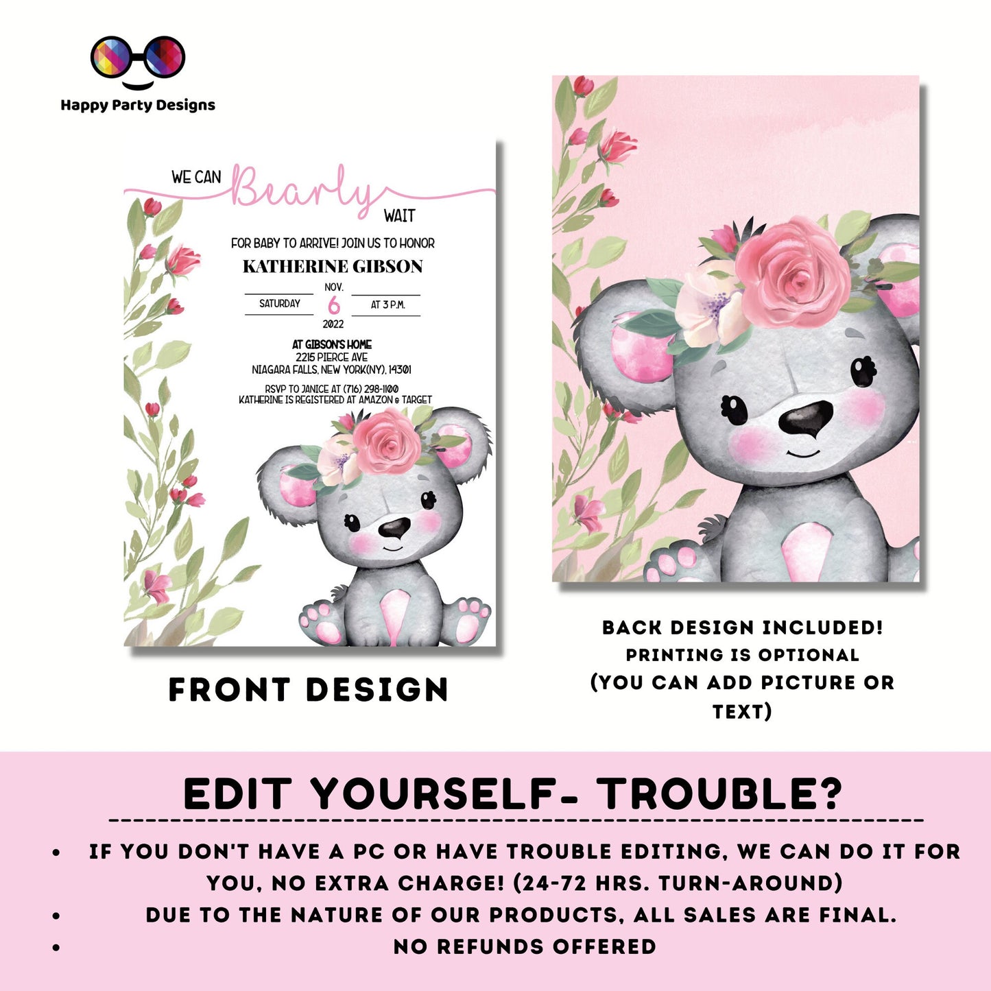 We can bearly wait Baby Shower Invitations | baby girl | blush watercolor | Cute bear | Edit Yourself & instant download