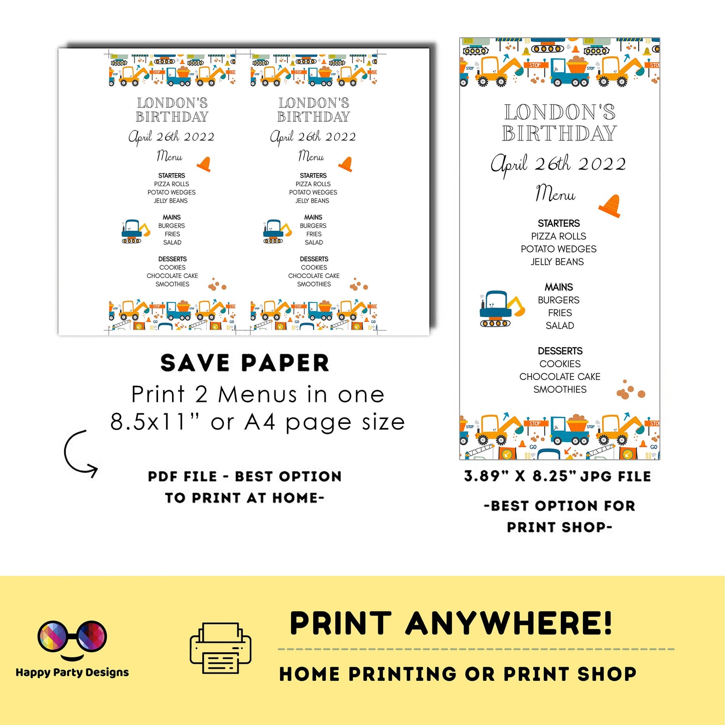 Editable Watercolor Under construction Menu Template | Trucks party | Boy | Construction birthday party | Instant Download