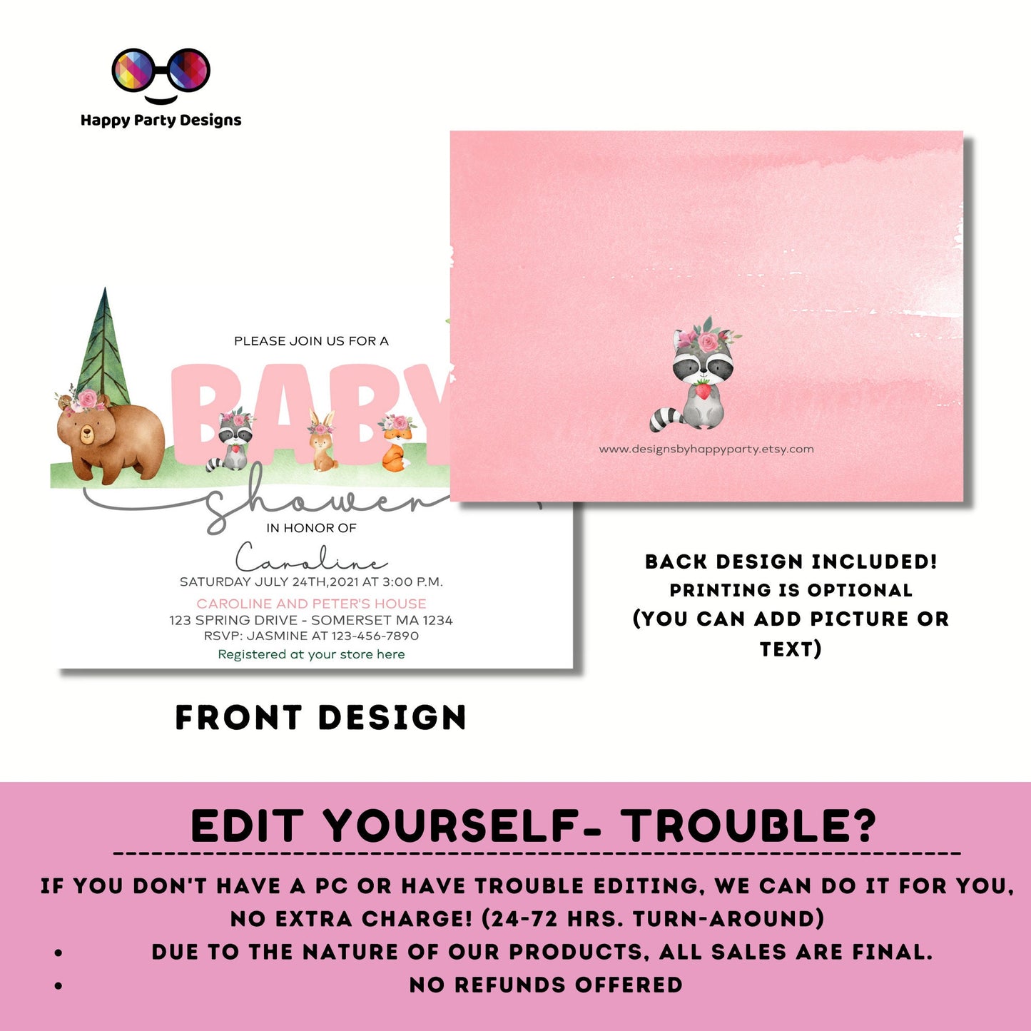 Editable watercolor woodland baby shower | Digital Bear printable invite | Baby girl | cute animals Digital | Personalize Online