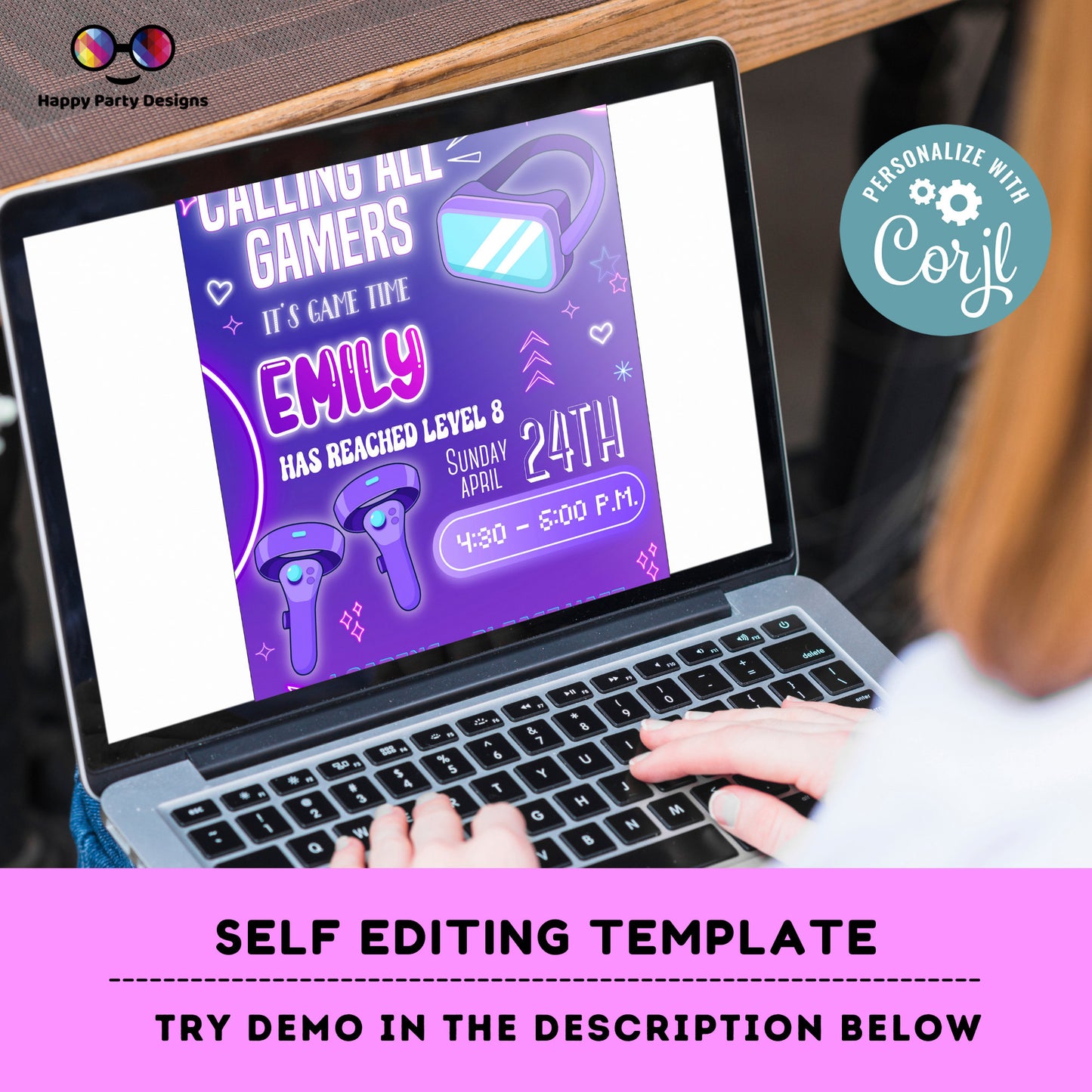Editable video gamer invitation | Digital neon video gamer printable invite | Birthday girl | virtual reality | neon Invitation