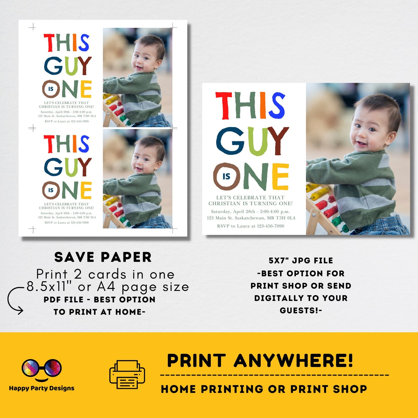 Editable This guy is One invitation | First Birthday Invitation | Minimal Party Invitation Instant Template | First Bday Invite | One year