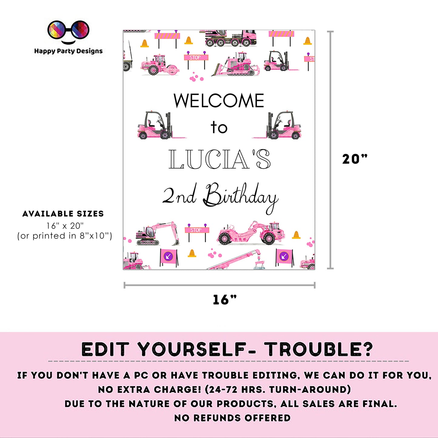 Editable Welcome Sign | pink trucks birthday | under construction birthday Decorations | birthday Girl | Welcome Sign | Any age!
