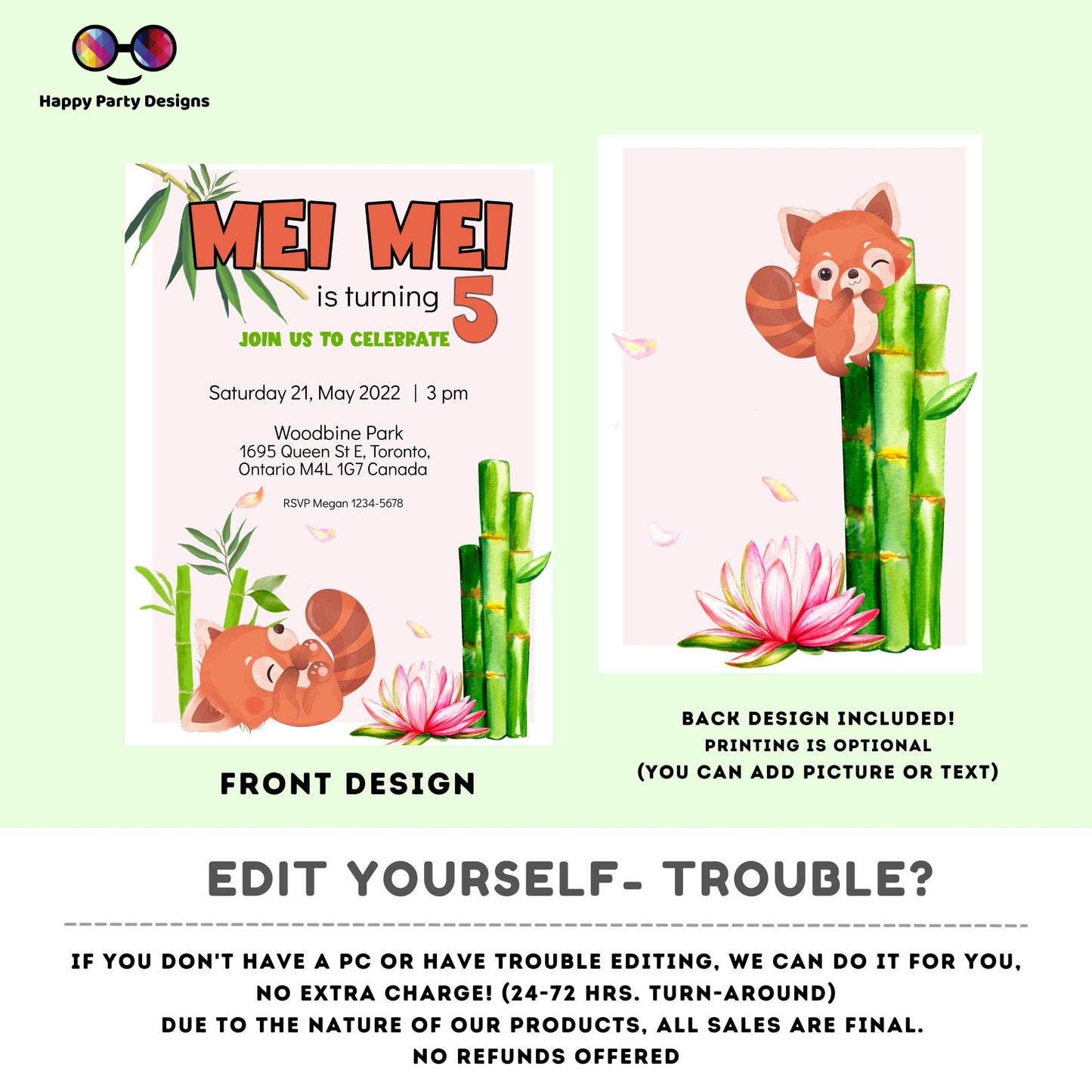 Turning five Invitations | Red Panda Invitation pink | Bamboo Invitation | Cute red panda invite | Edit Yourself & instant download