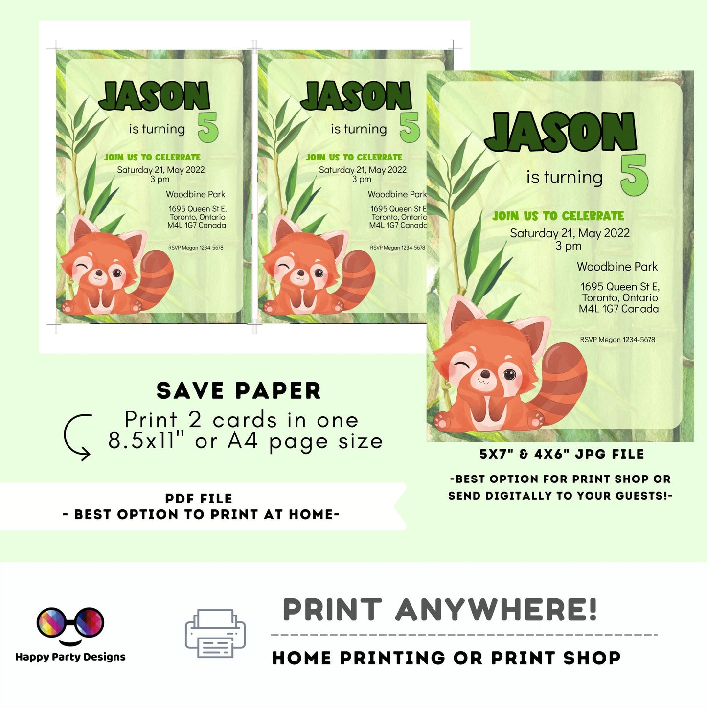 Turning five Invitations | Red Panda Invitation green| Bamboo Invitation | Cute red panda invite | Edit Yourself & instant download