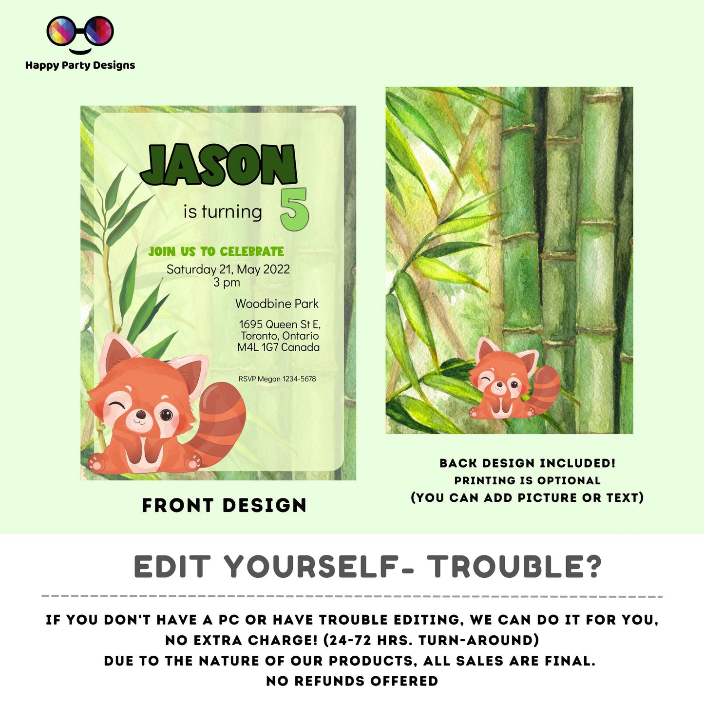 Turning five Invitations | Red Panda Invitation green| Bamboo Invitation | Cute red panda invite | Edit Yourself & instant download