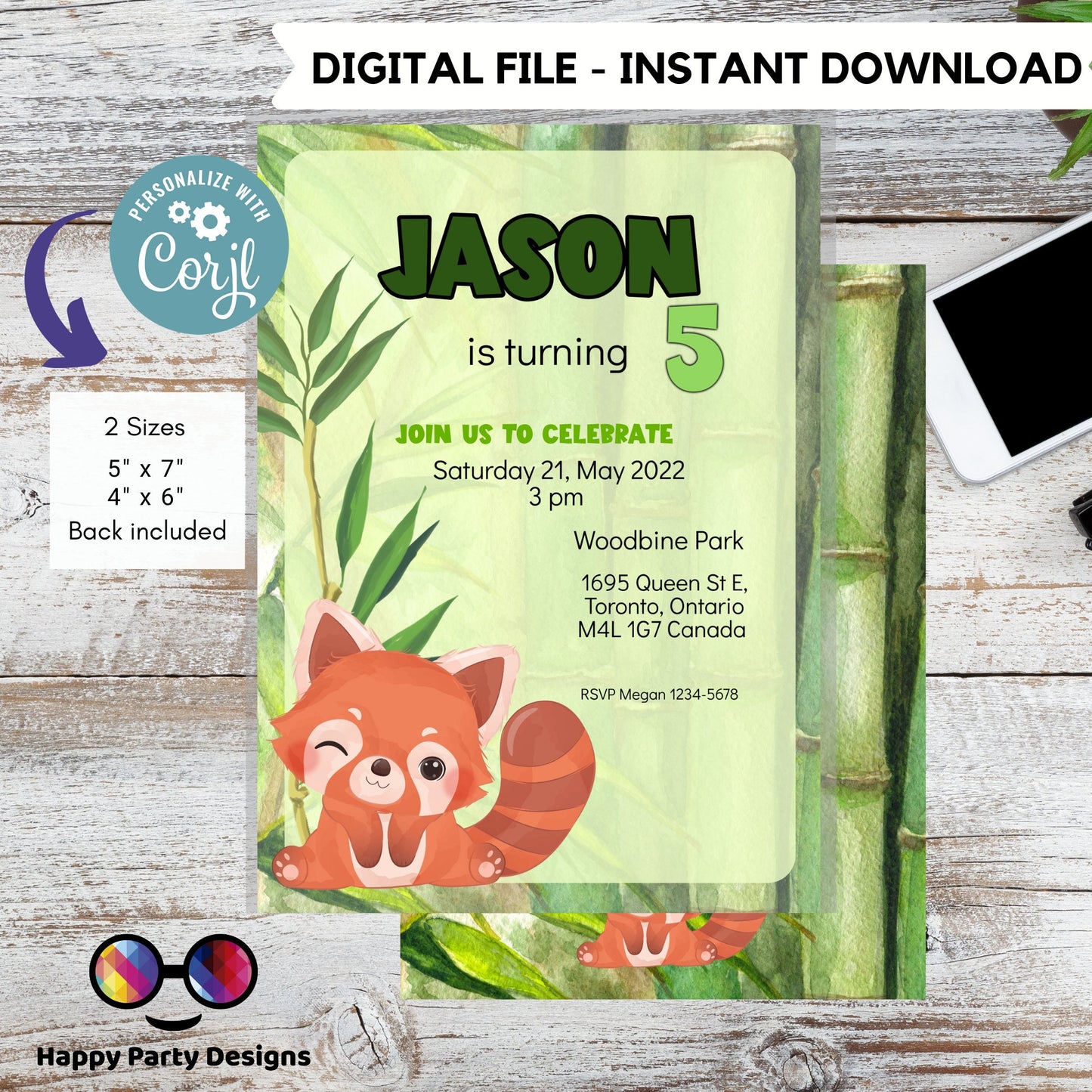 Turning five Invitations | Red Panda Invitation green| Bamboo Invitation | Cute red panda invite | Edit Yourself & instant download