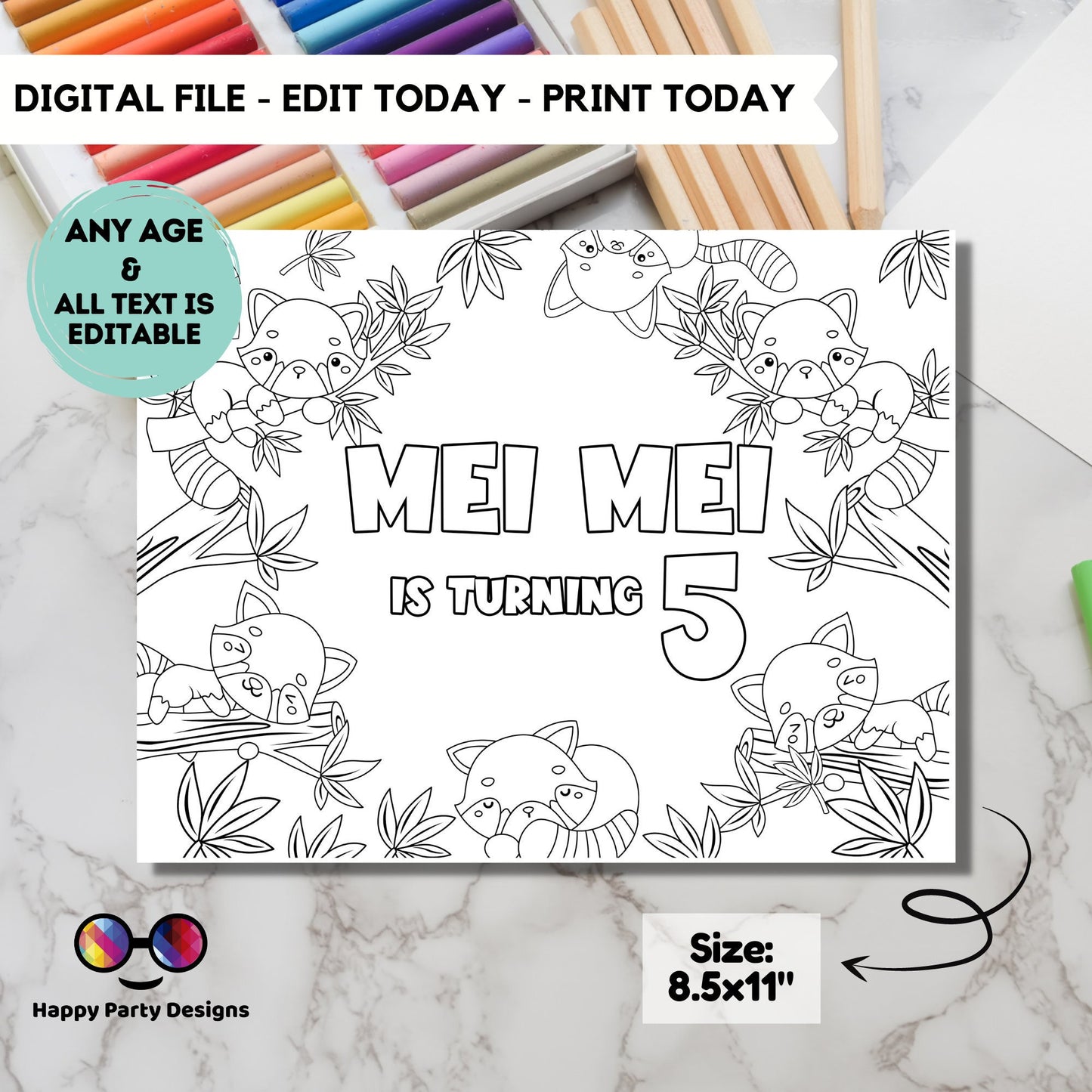Editable Red Panda coloring page | Placemat coloring page | Any Age | Red Panda birthday | Red panda Party Activity | turning five birthday