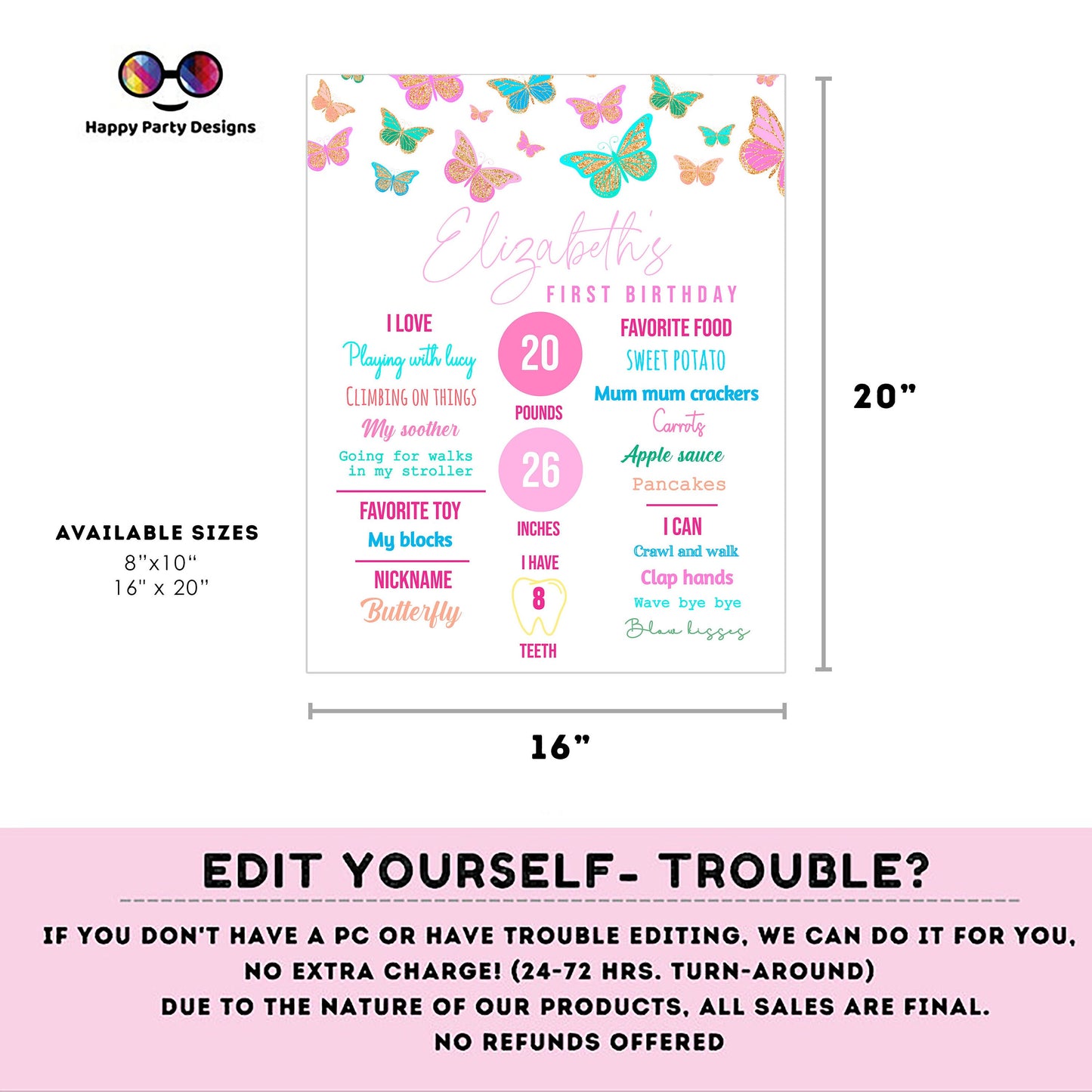 Editable Milestone Sign | Butterfly birthday | Spring Party Decorations | baby Girl | Butterflies Sign | First birthday party #0002