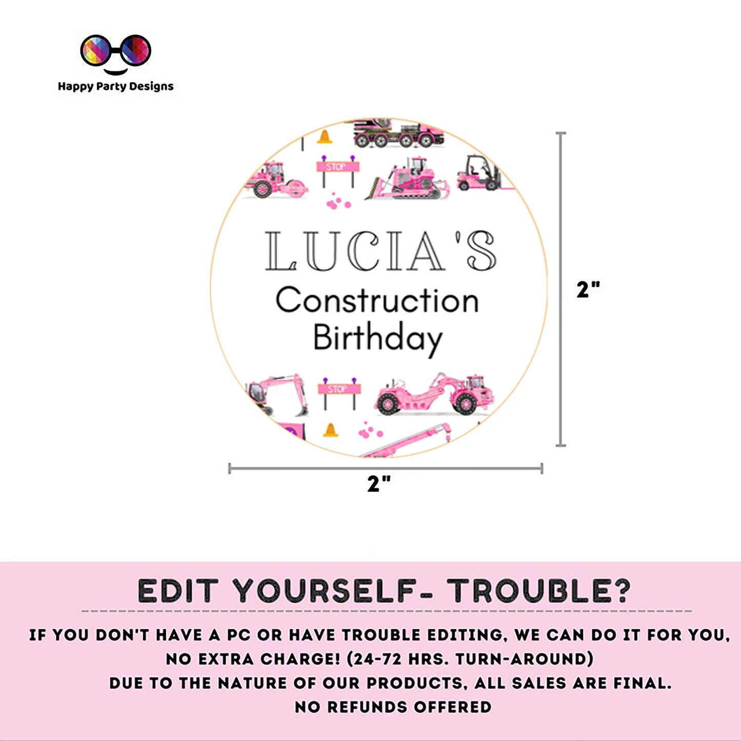 Editable Pink Trucks Round cupcake toppers | under construction | trucks Birthday Party | Construction cupcake toppers | trucks stickers 2"
