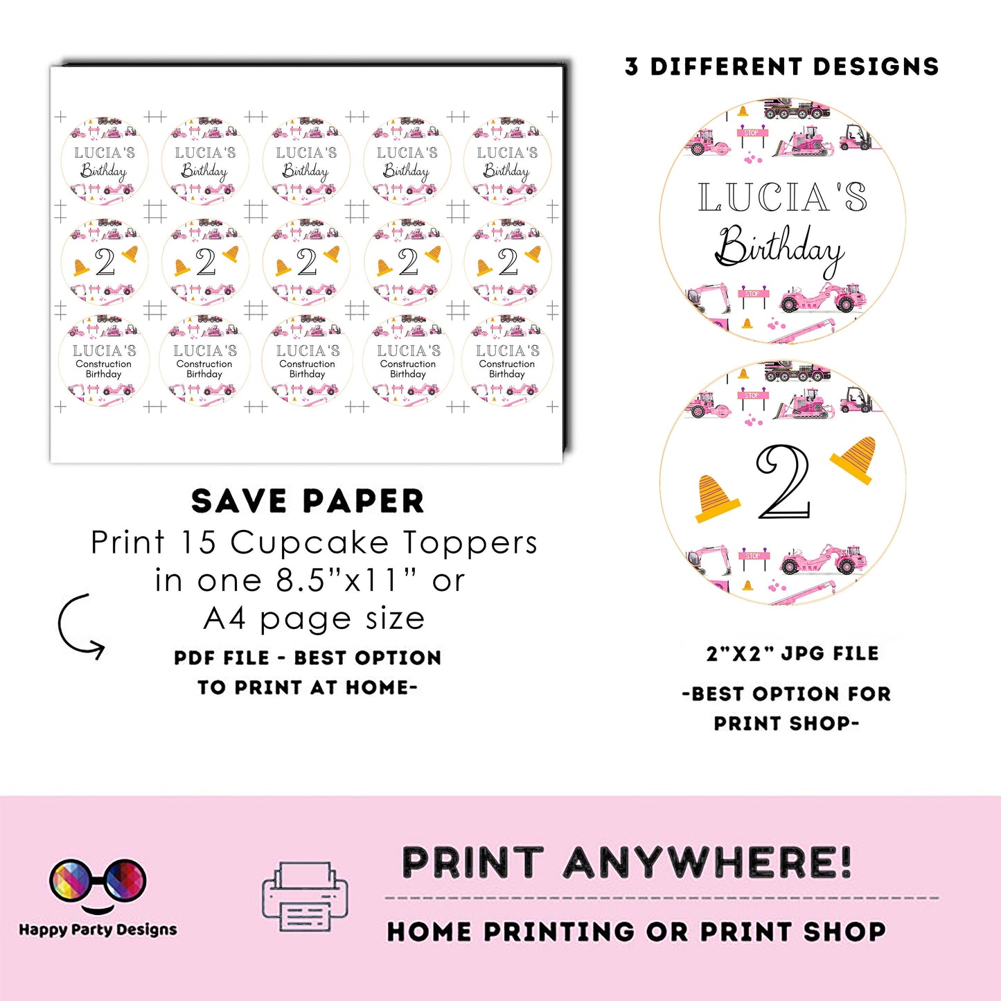 Editable Pink Trucks Round cupcake toppers | under construction | trucks Birthday Party | Construction cupcake toppers | trucks stickers 2"