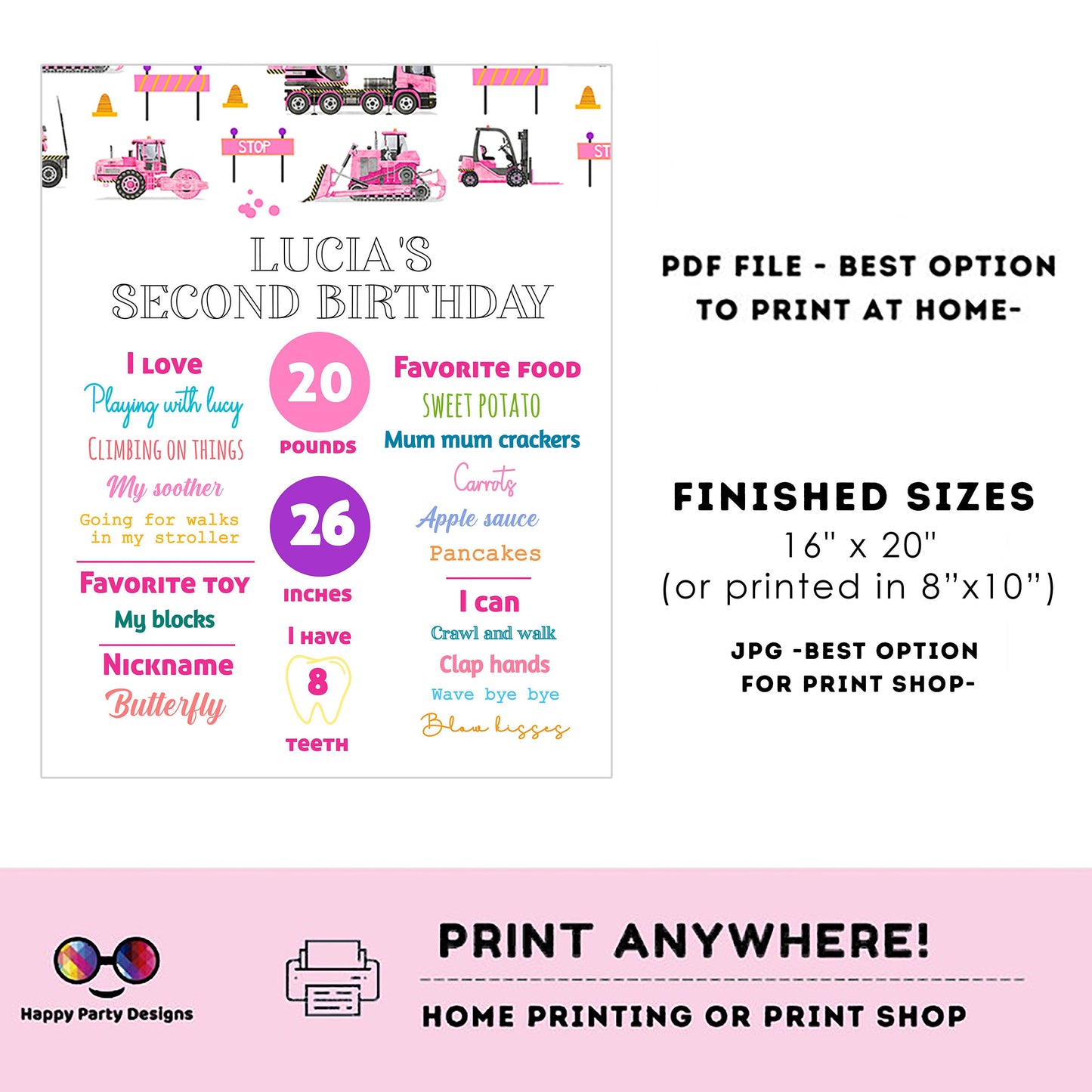 Editable Milestone Sign | Trucks birthday | Party under construction Decorations | baby Girl | Pink trucks Sign | Pink Trucks party
