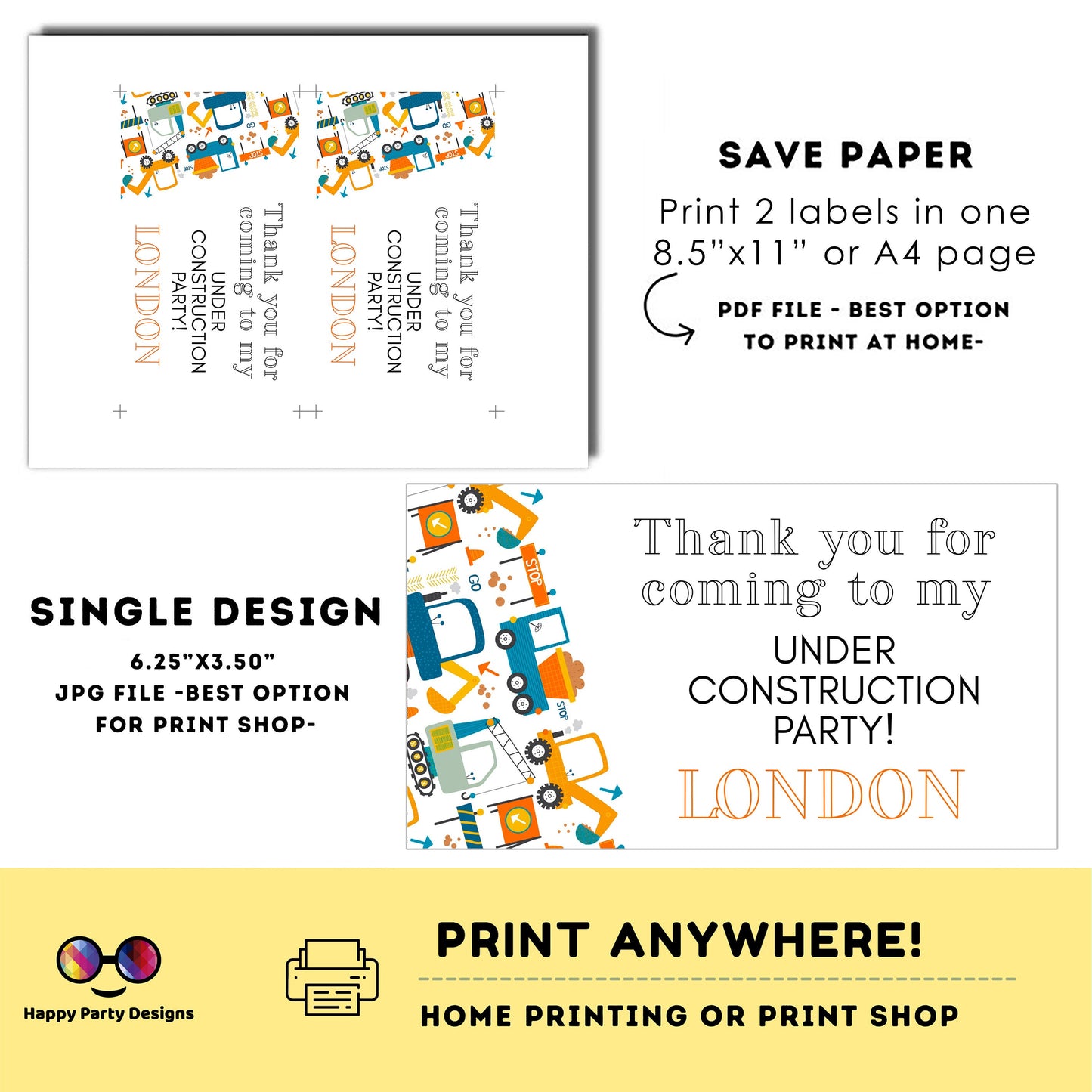 Under construction Birthday Box label | Trucks party | favor box | trucks birthday party | Box to print
