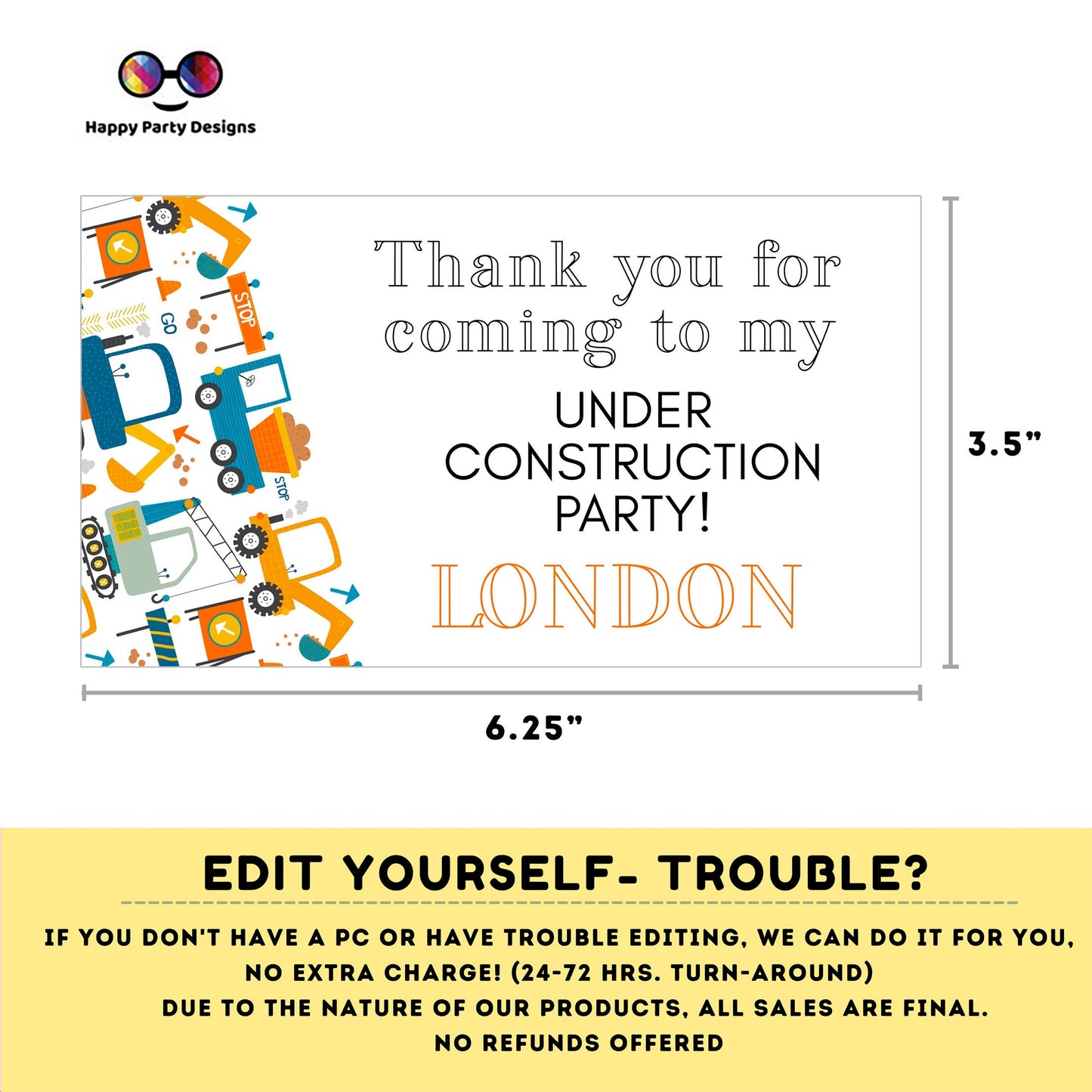 Under construction Birthday Box label | Trucks party | favor box | trucks birthday party | Box to print