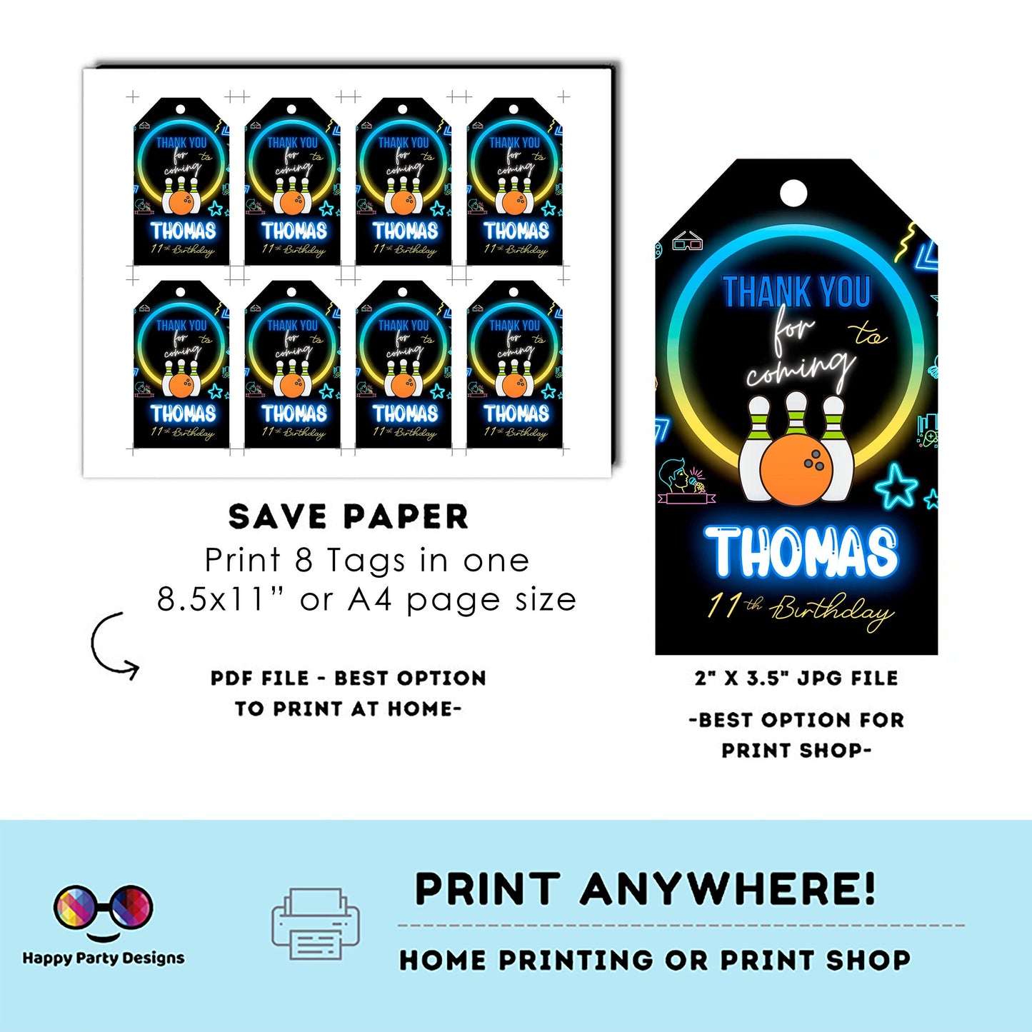 Editable neon bowling Thank you tag | Digital bowling printable thank you tag | Birthday boy | Neon Thank You tag | bowling #0003