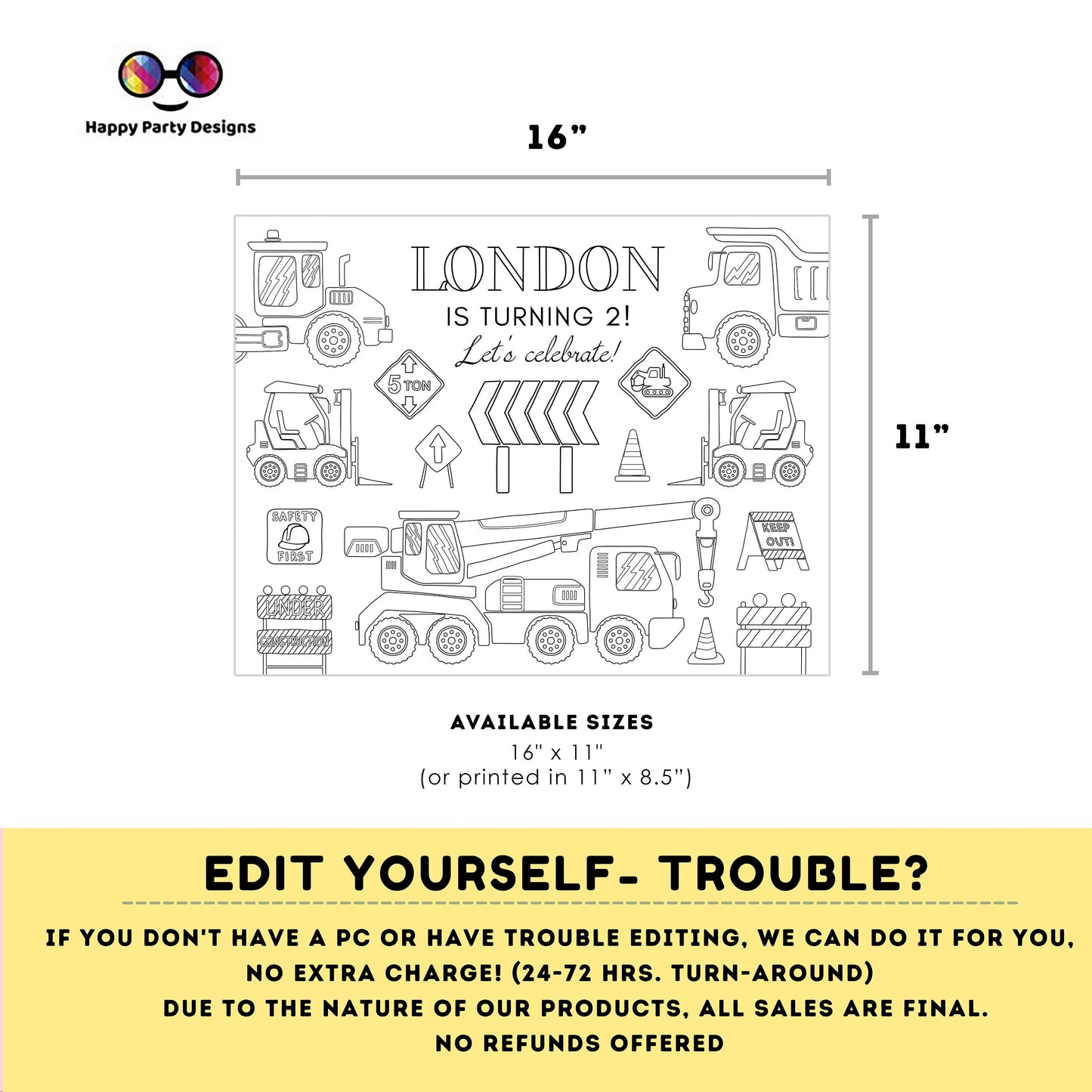 Editable construction coloring page | Placemat coloring page | Any Age | Trucks birthday | Game under construction Party Activity