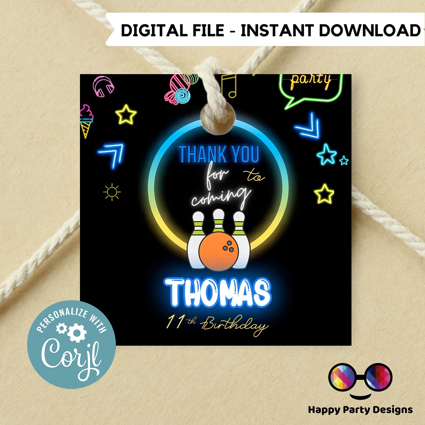 Editable neon bowling squared Thank you tag | Digital bowling printable thank you tag | Birthday boy | Neon Thank You tag | bowling #0003