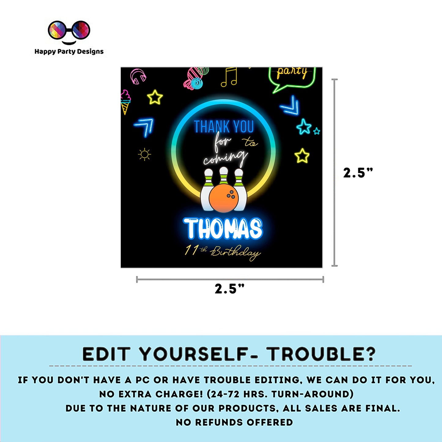 Editable neon bowling squared Thank you tag | Digital bowling printable thank you tag | Birthday boy | Neon Thank You tag | bowling #0003
