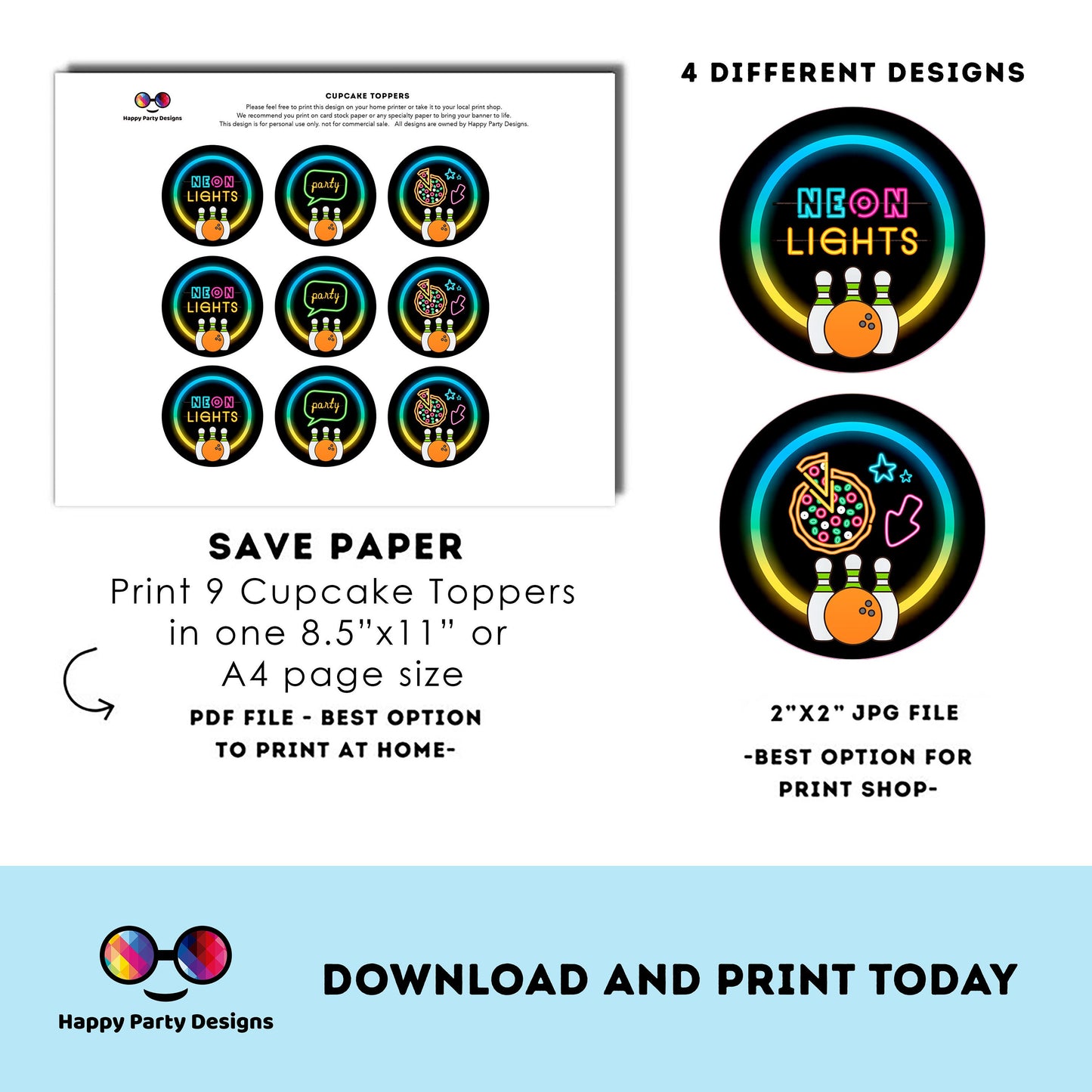 Neon bowling cupcake toppers | Instant download | Bowling | neon Party | Bowling party | neon Birthday Party #0003