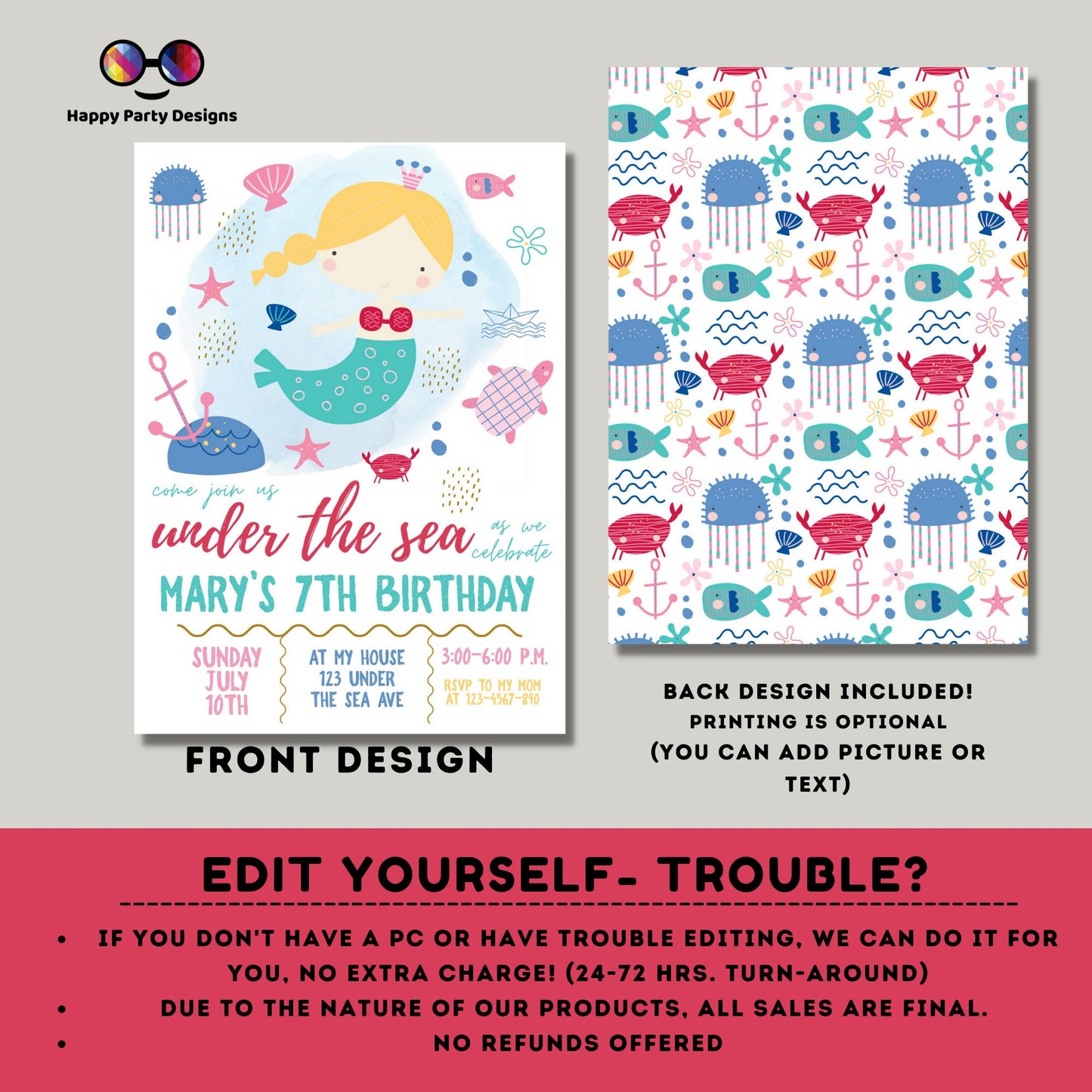 EDITABLE Mermaid Birthday Invitation | Girl Birthday | Mermaid Birthday Invite | Little Mermaid Evite | Digital Download | Under The Sea