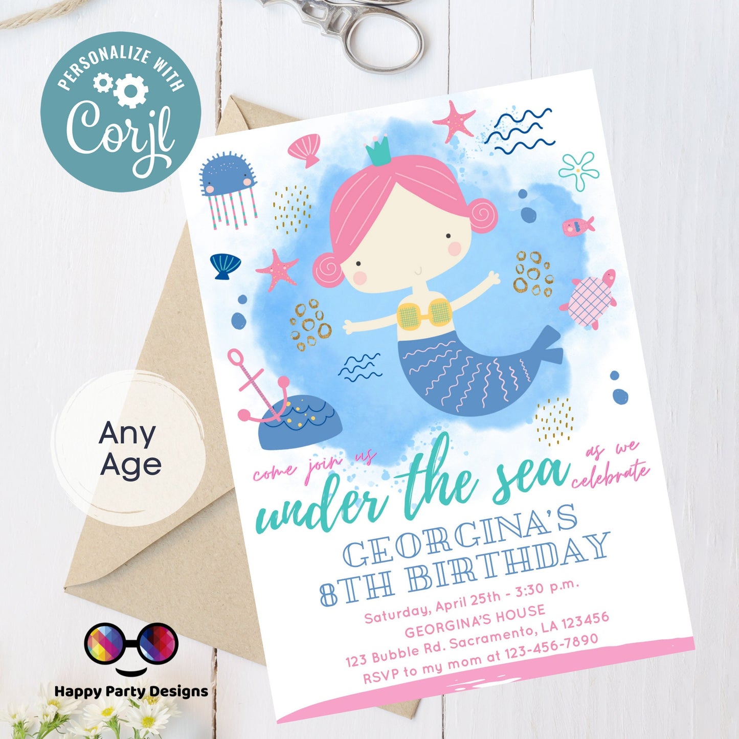 EDITABLE Under the sea Mermaid Birthday Invitation | Girl Birthday | Mermaid Birthday Invite | Little Mermaid Evite | Under The Sea