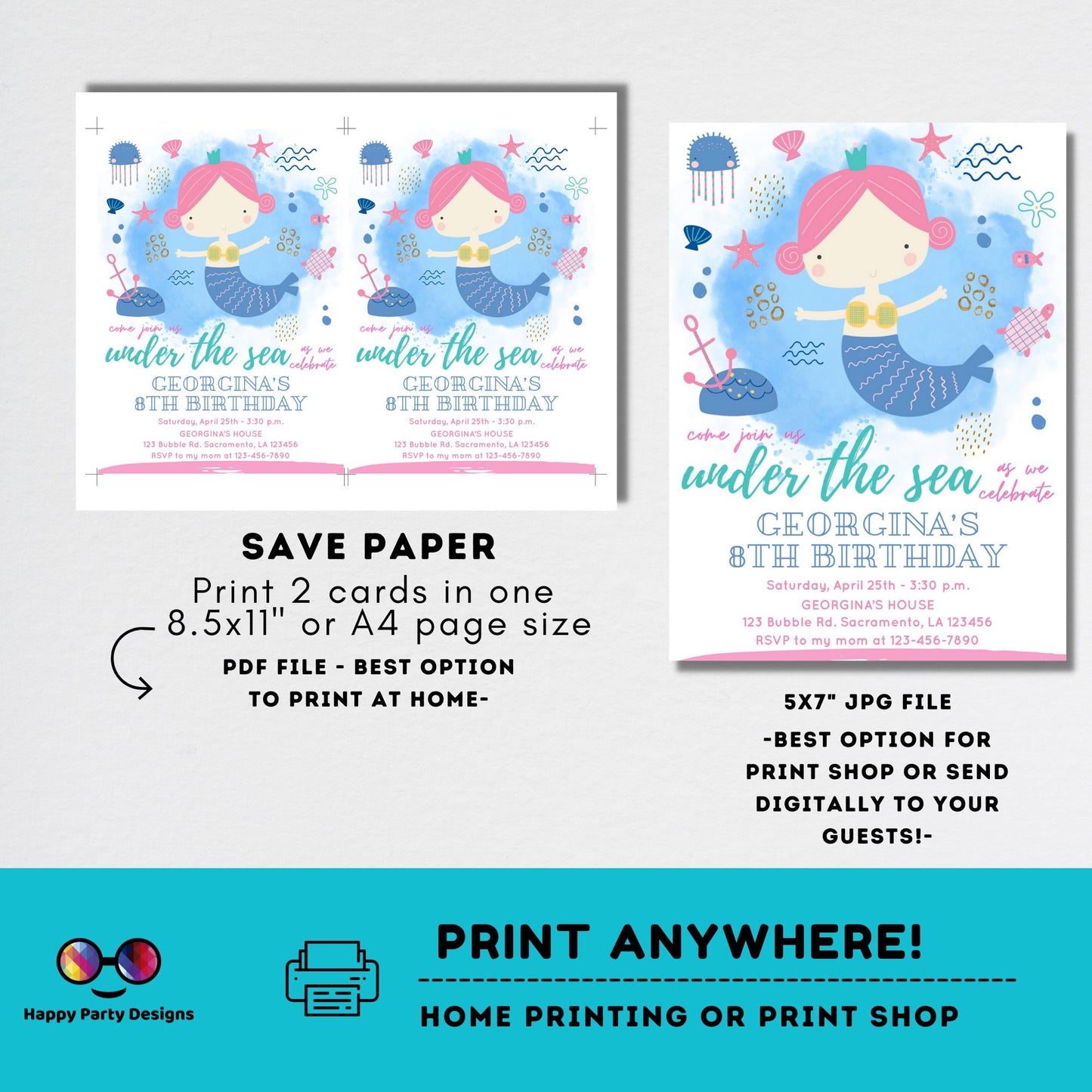 EDITABLE Under the sea Mermaid Birthday Invitation | Girl Birthday | Mermaid Birthday Invite | Little Mermaid Evite | Under The Sea