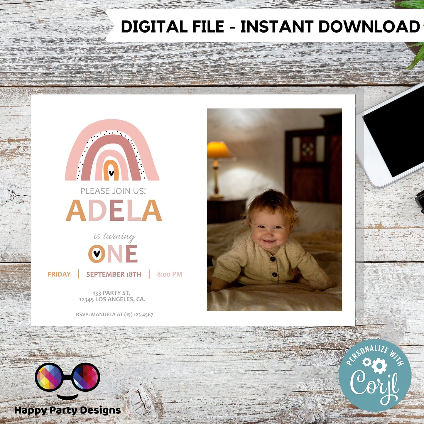 First birthday Rainbow Invitation with picture | EDITABLE Invitation | Boho birthday Invitation | Rainbow Birthday | Digital File
