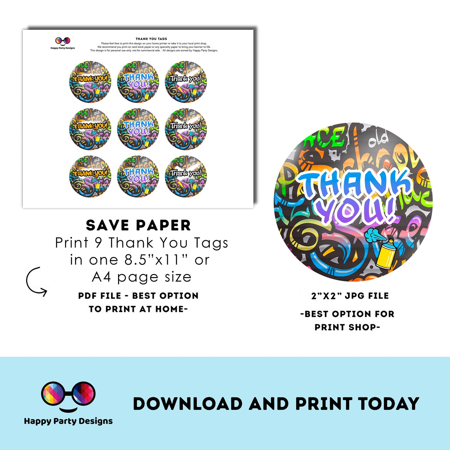 Graffiti Thank you tag | Digital graffiti printable thank you tag | Birthday boy | Graffiti Thank You | Instant Download | round tag #K1