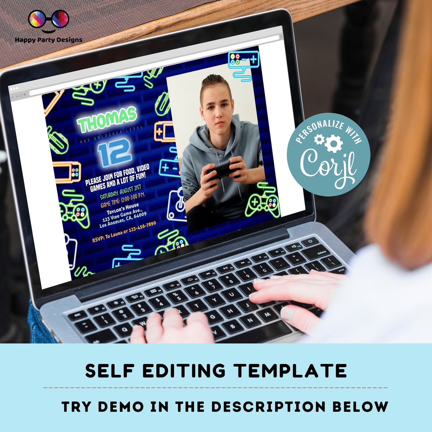Editable video gamer invitation with photo | Digital neon video gamer printable invite | Birthday boy | neon Invitation #K50