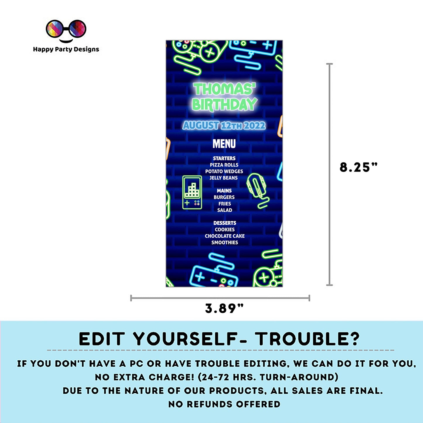 Editable Video Gamer Menu | Digital Video Gamer printable menu | Birthday boy | Video Gamer menu | Personalize Online | Corjl #K50
