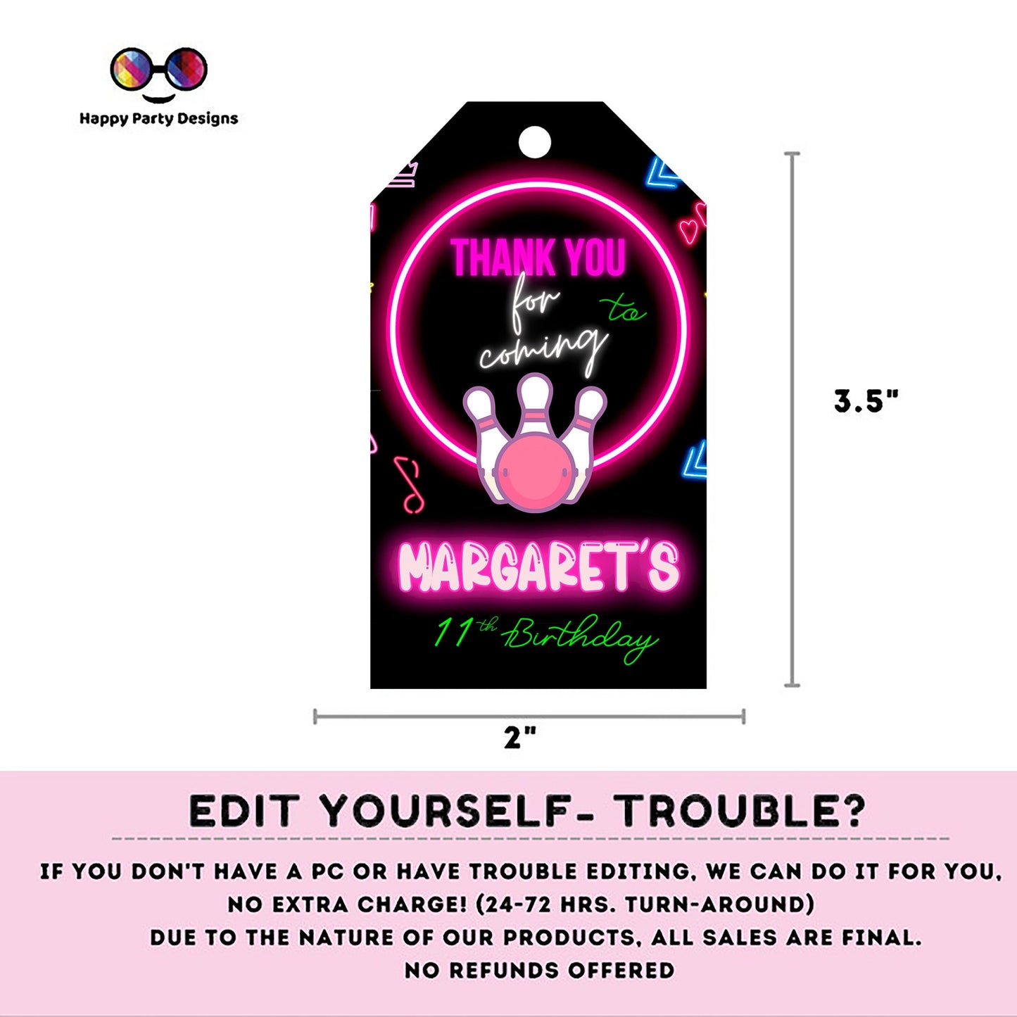 Editable neon bowling Thank you tag | Digital bowling printable thank you tag | Birthday Girl | Neon Thank You tag | bowling #KID3