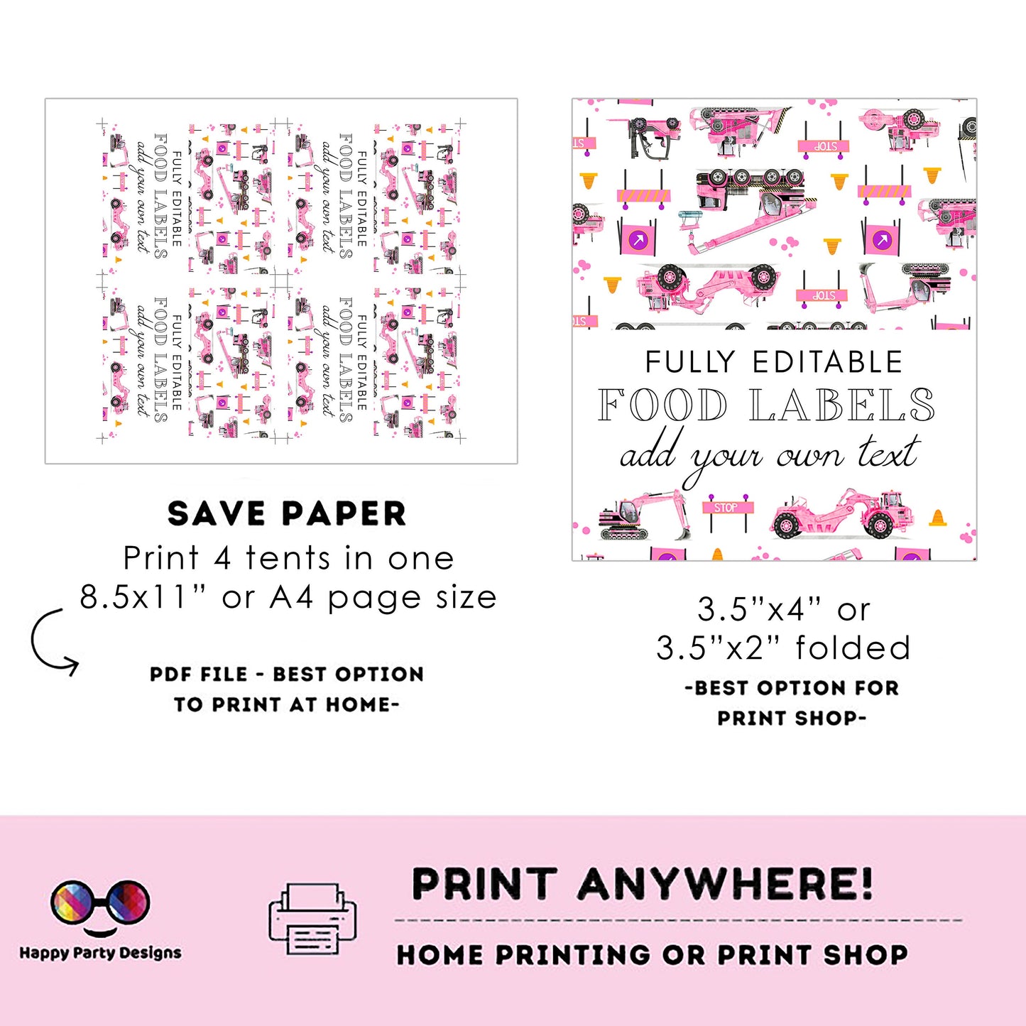 Editable pink Trucks Birthday food tent | Trucks party | buffet labels | Construction birthday party | girl birthday | Under construction