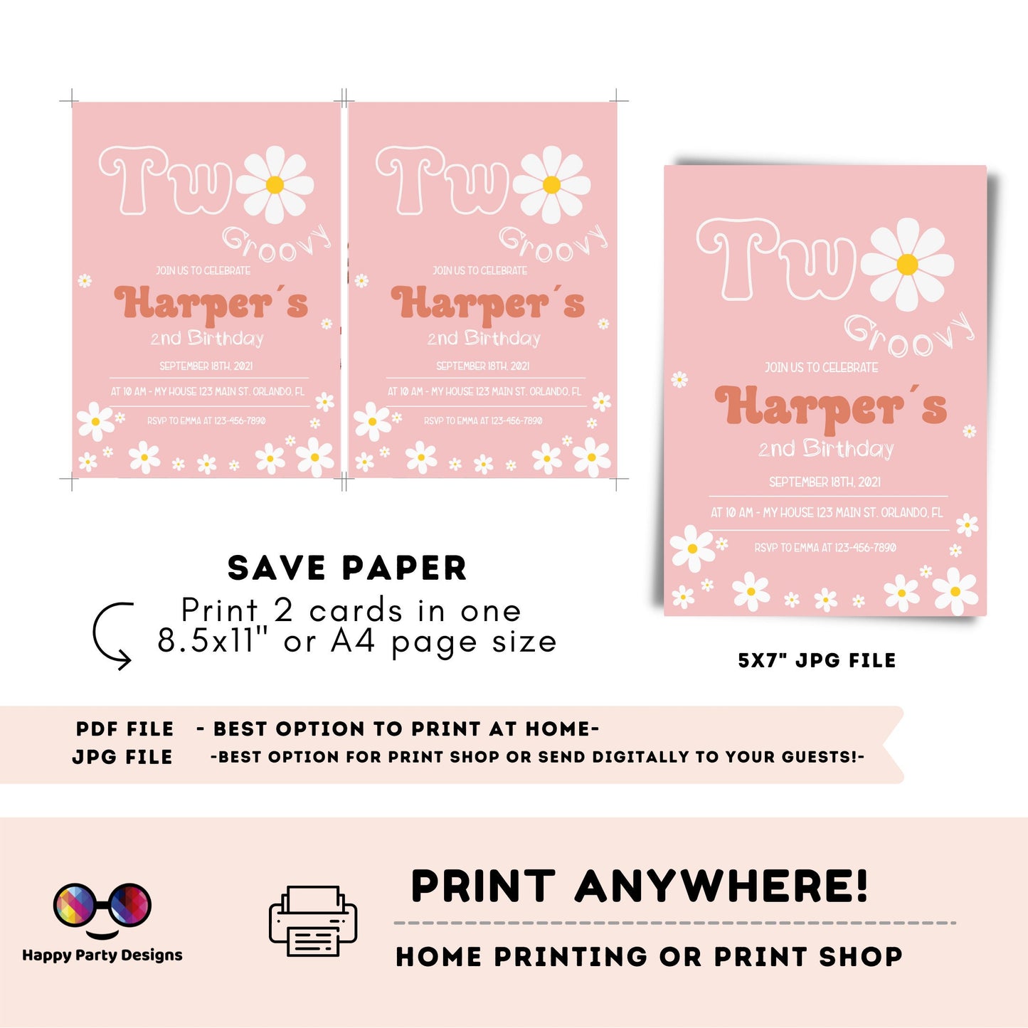 Two Groovy Birthday Invitation | 2nd Birthday | Retro Floral | 70s Flower Power | Daisy invite Download Editable Template Corjl