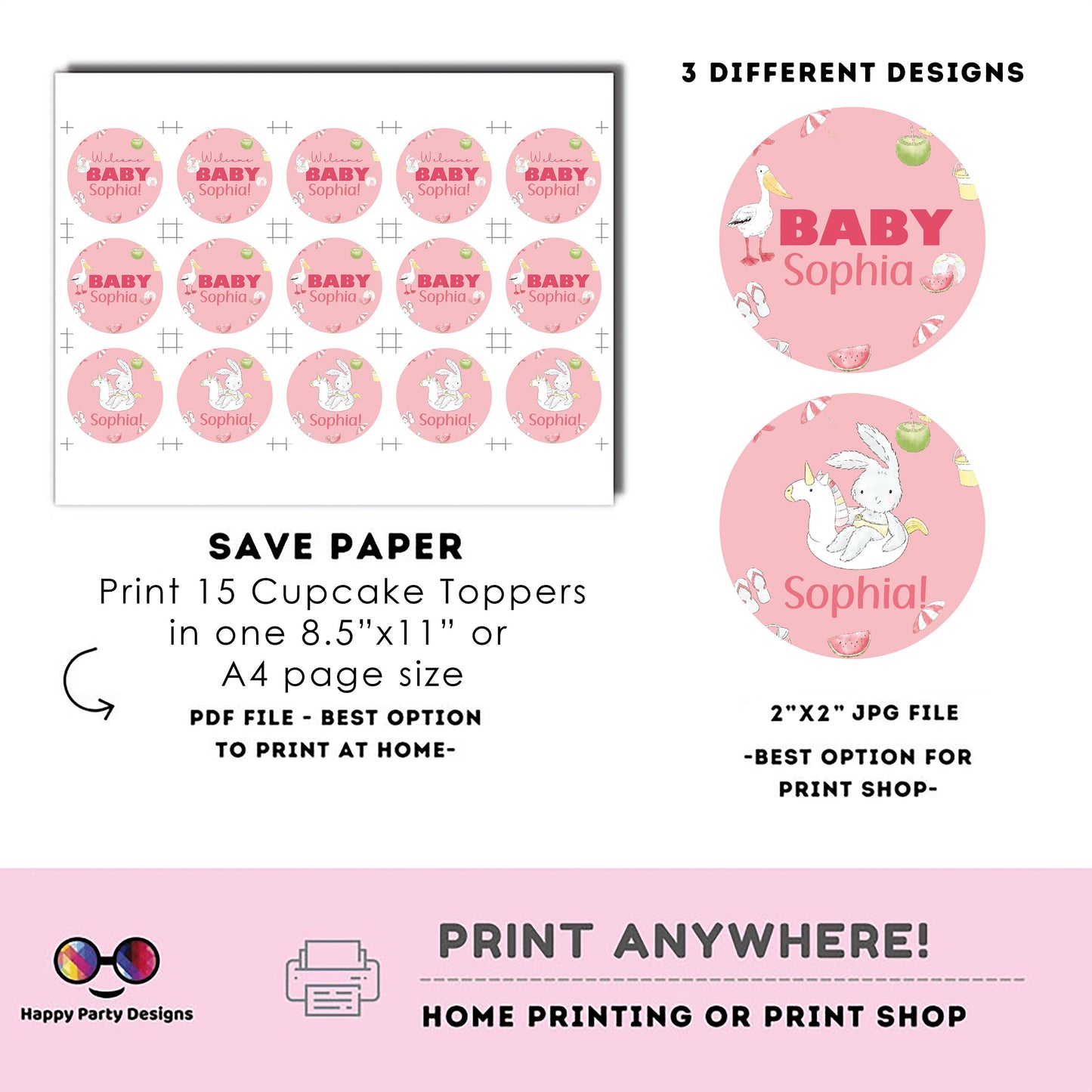 Editable Pool baby bash cupcake toppers | Instant download | girl baby shower | Pool party | Baby Shower | Pool baby shower for girl #B2