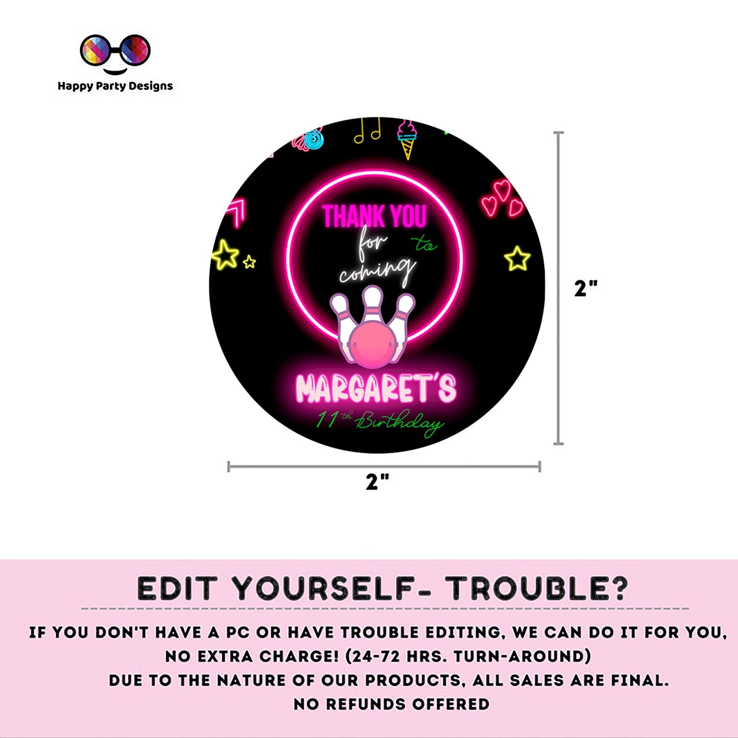 Editable neon bowling round Thank you tag | Digital bowling printable thank you tag | Birthday girl | Neon Thank You tag #KID3