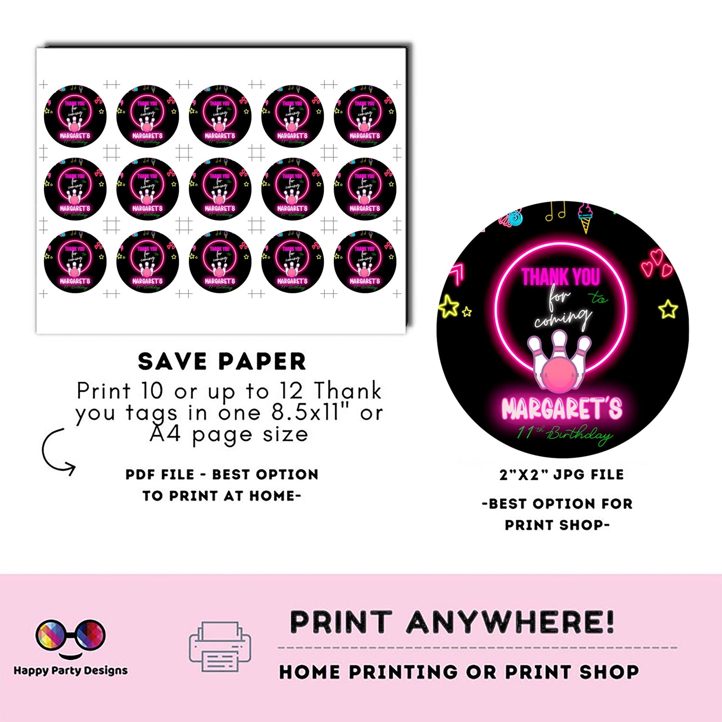 Editable neon bowling round Thank you tag | Digital bowling printable thank you tag | Birthday girl | Neon Thank You tag #KID3