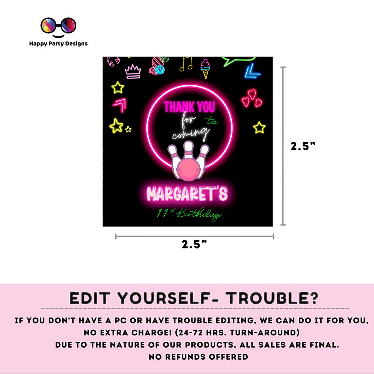 Editable neon bowling squared Thank you tag | Digital bowling printable thank you tag | Birthday girl | Neon Thank You tag #KID3