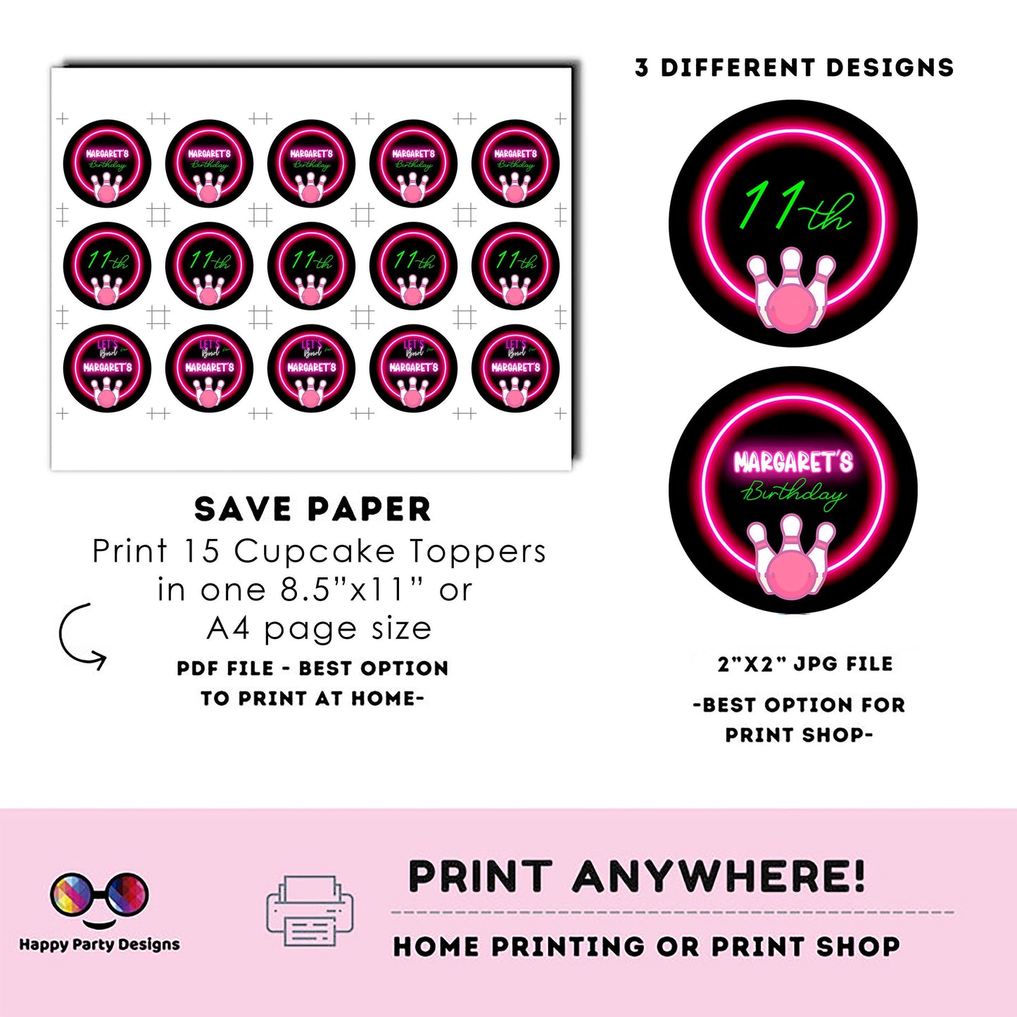 Editable neon bowling Round cupcake toppers | bowling birthday | neon Birthday Party | bowling themed | Girl Birthday Party #KID3