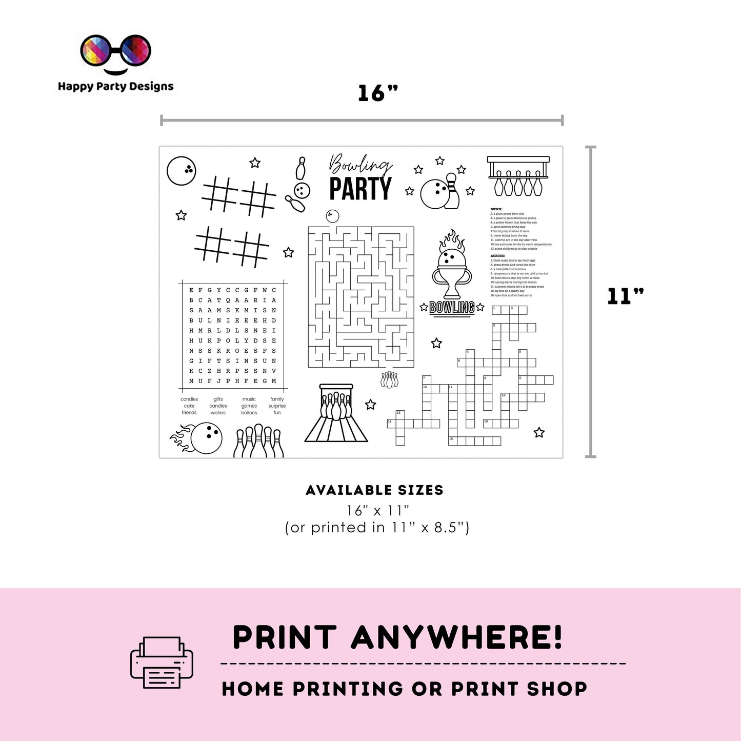 Printable Bowling Party Coloring Page | Bowling Birthday Activity Page | Bowling placemat | Printable Bowling Games | favors #KID3 #KID4