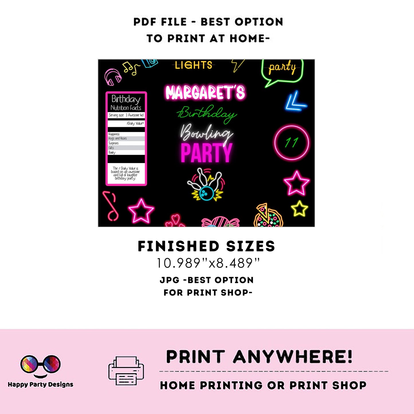 Editable neon Bowling Chip Bag | Digital Bowling printable Chip Bag | Party Snack Bowling Birthday girl | Personalized Favors #KID3