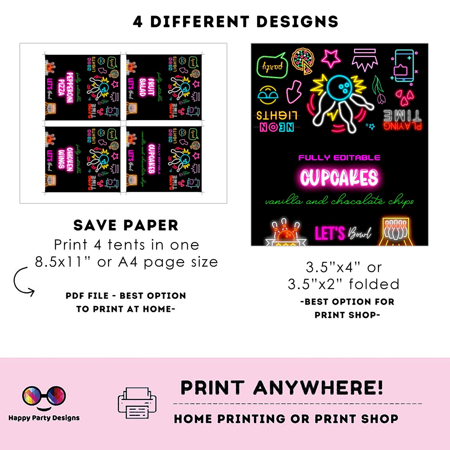 editable neon Bowling Birthday food tent | Bowling party | buffet labels | Bowling birthday party | food label template | favors #KID3