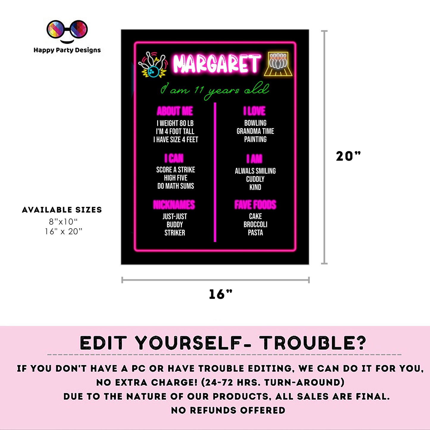 Editable milestone neon bowling Sign | bowling birthday | bowling Decorations | birthday Sign | bowling party | Printable poster sign #KID3