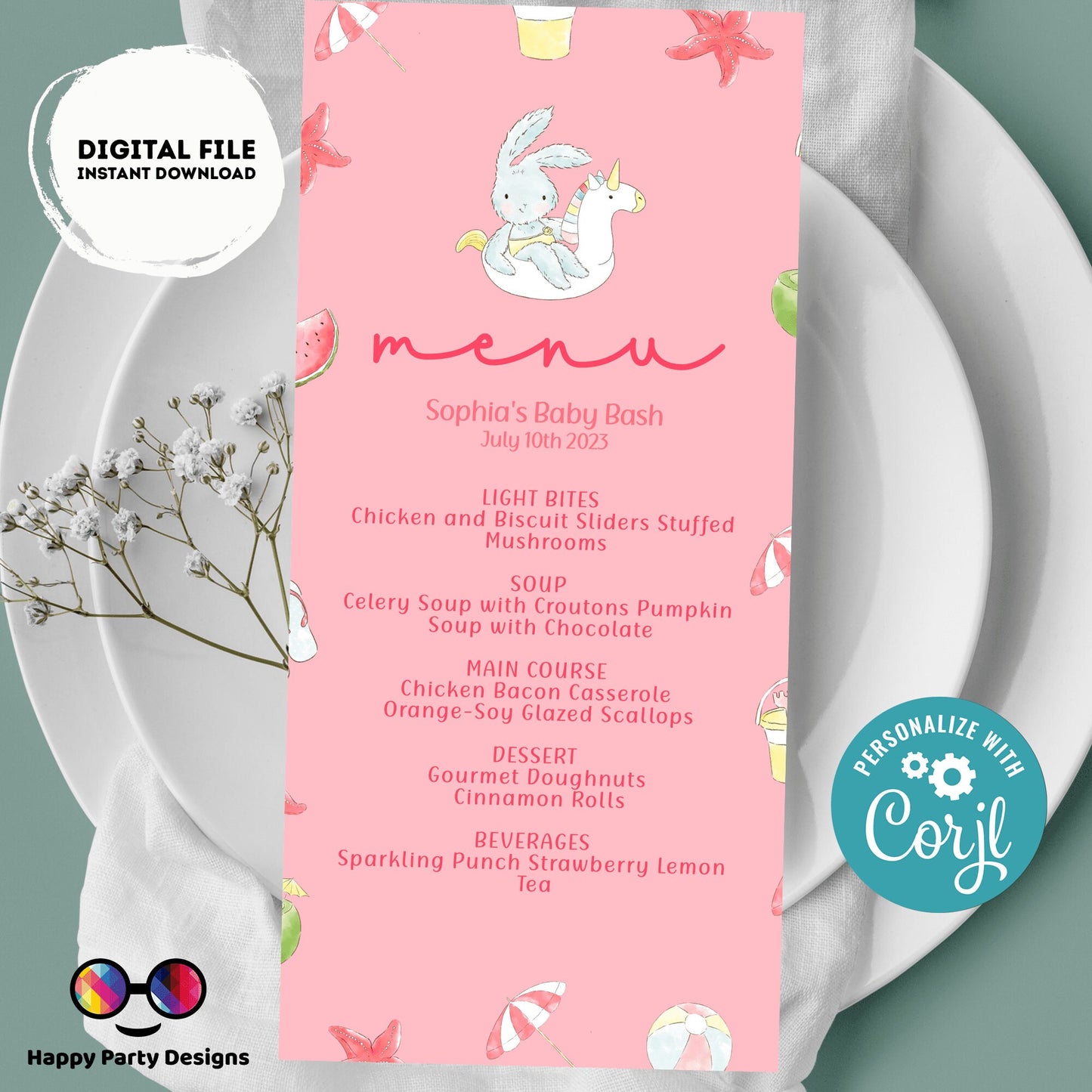 Pool baby bash Menu Template | Summer baby shower | Girl | Pool party | Party supplies | Summer baby shower | Baby girl | Summer baby #B2