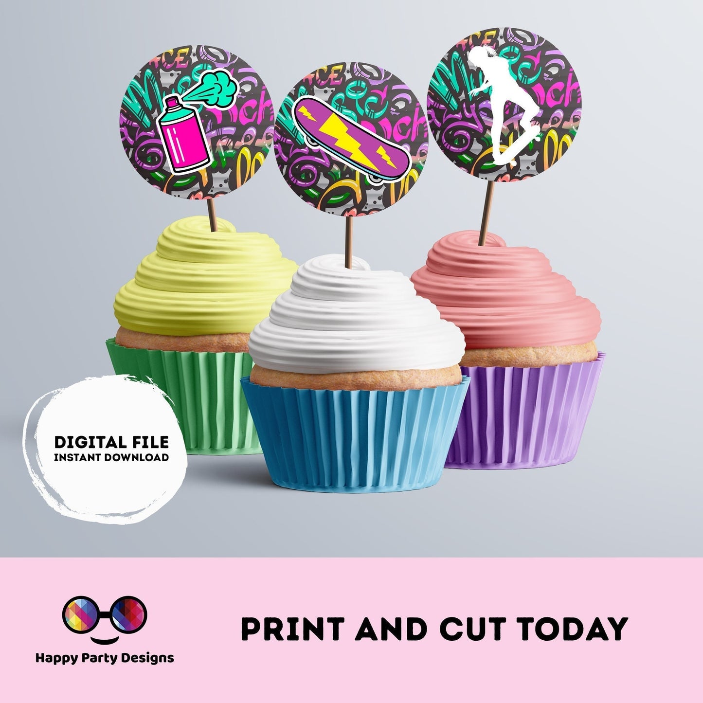 Graffiti Round cupcake toppers | Graffiti birthday | Graffiti Birthday Party | Graffiti themed | Girl Birthday Party | graffiti stickers #K2