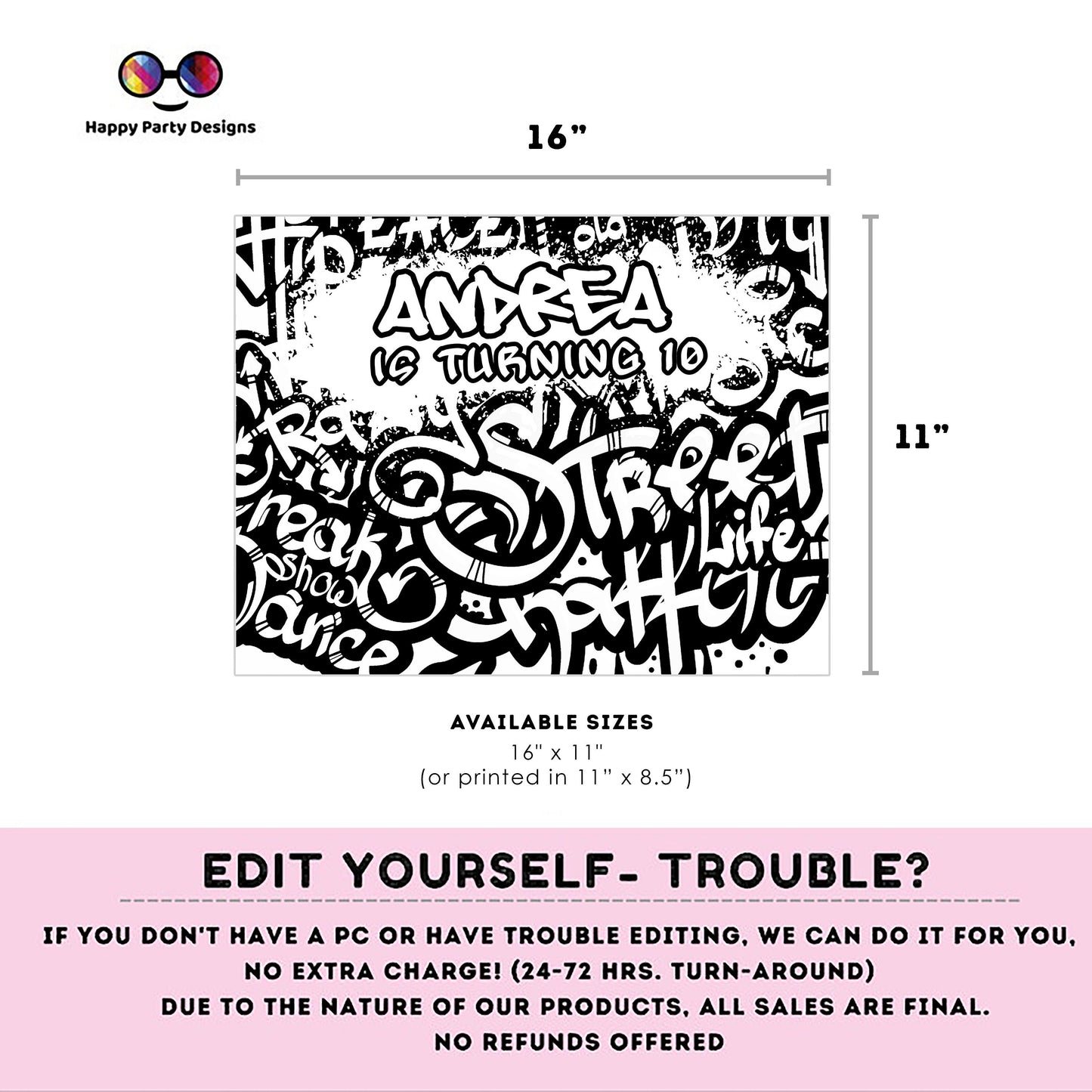 Editable graffiti coloring page | Placemat coloring page | Any Age | graffiti birthday | Graffiti Party Activity