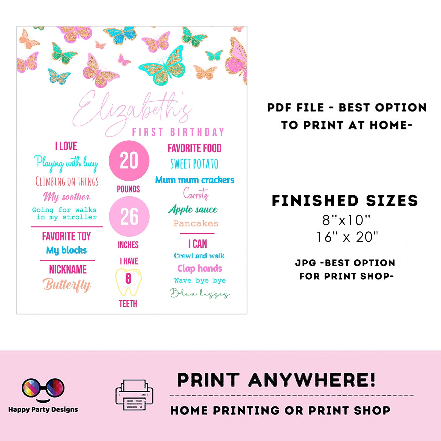 Editable Milestone Sign | Butterfly birthday | Spring Party Decorations | baby Girl | Butterflies Sign | First birthday party #0002
