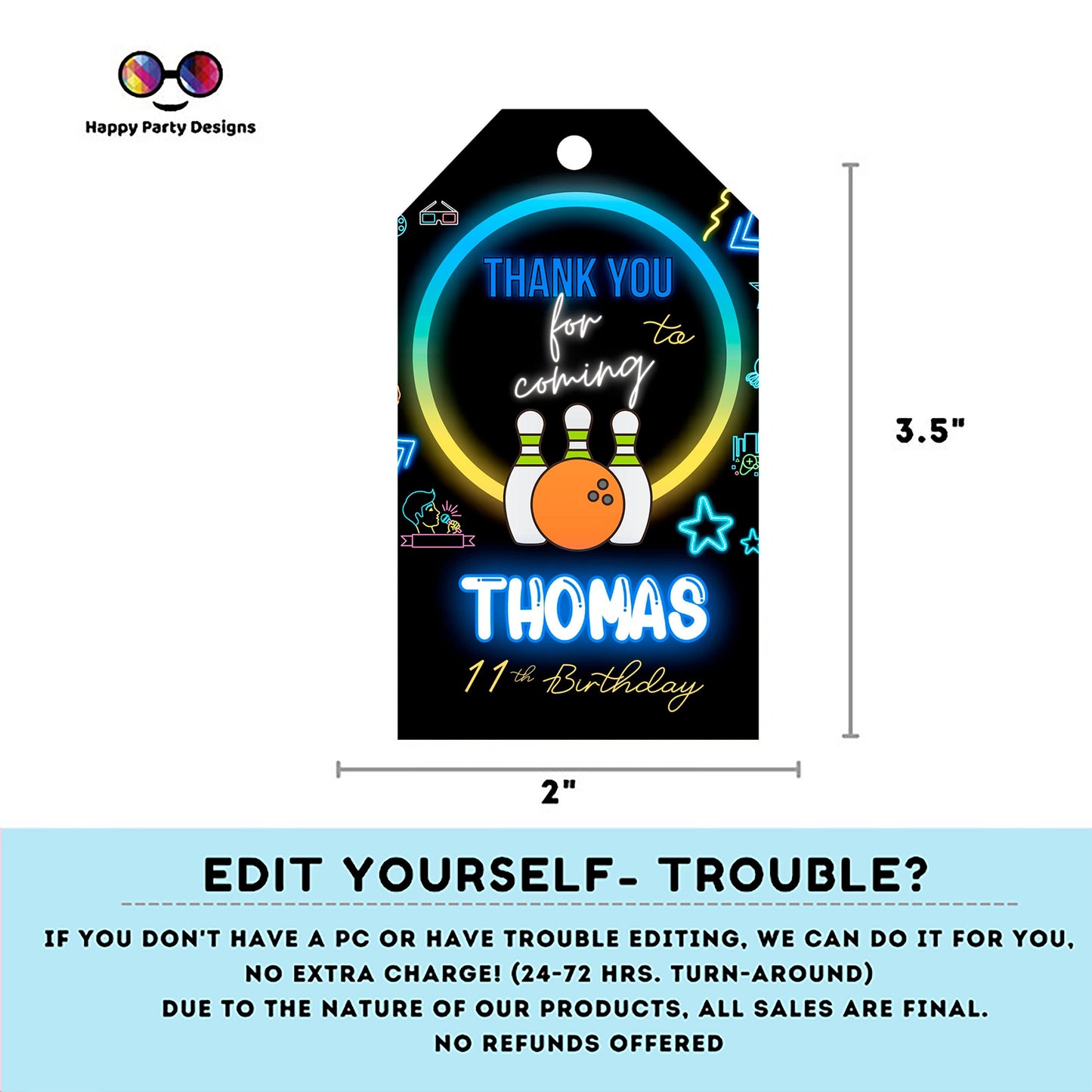 Editable neon bowling Thank you tag | Digital bowling printable thank you tag | Birthday boy | Neon Thank You tag | bowling #0003