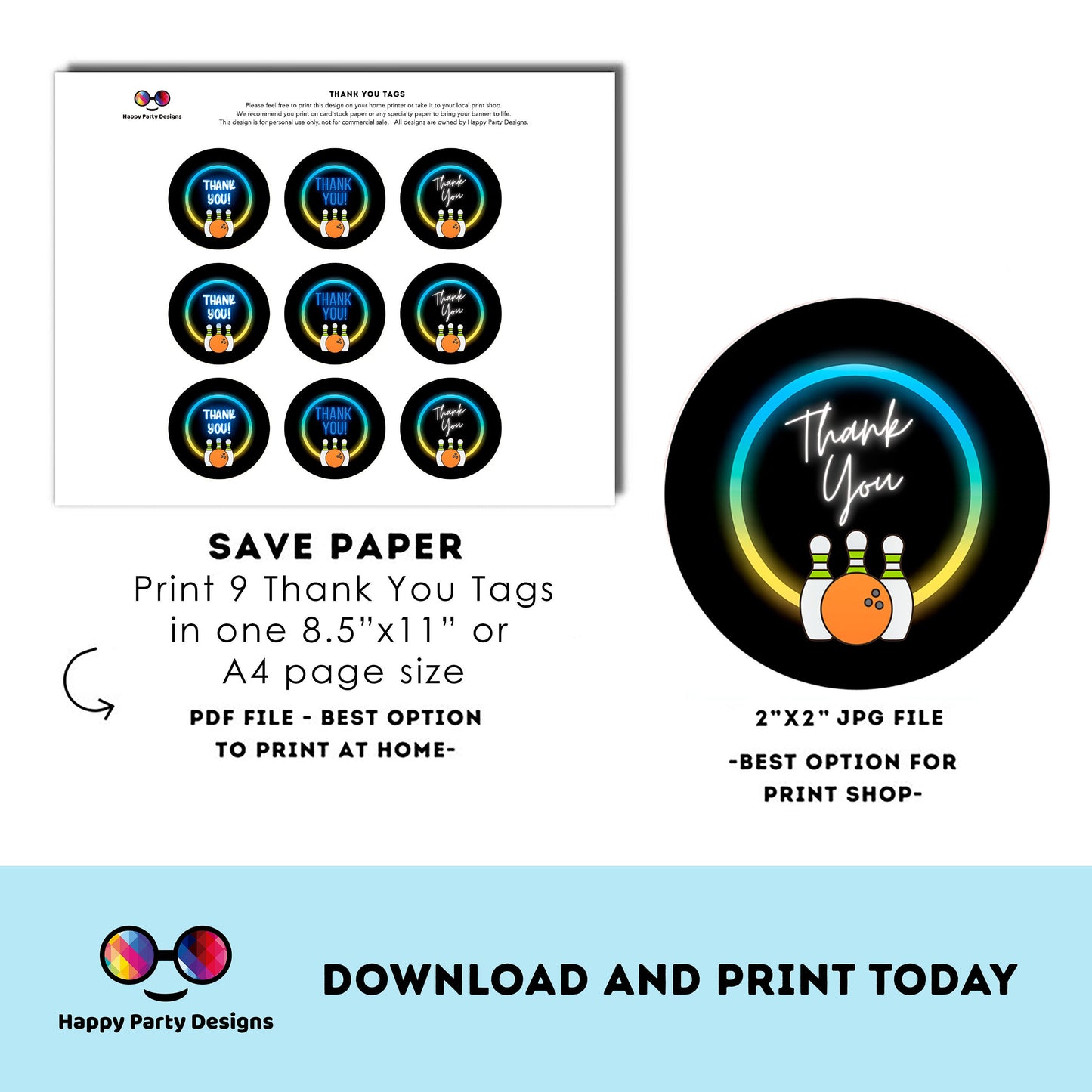 Neon bowling round Thank you tag | Instant printable thank you tag | Birthday boy | Neon Thank You tag | bowling #0003