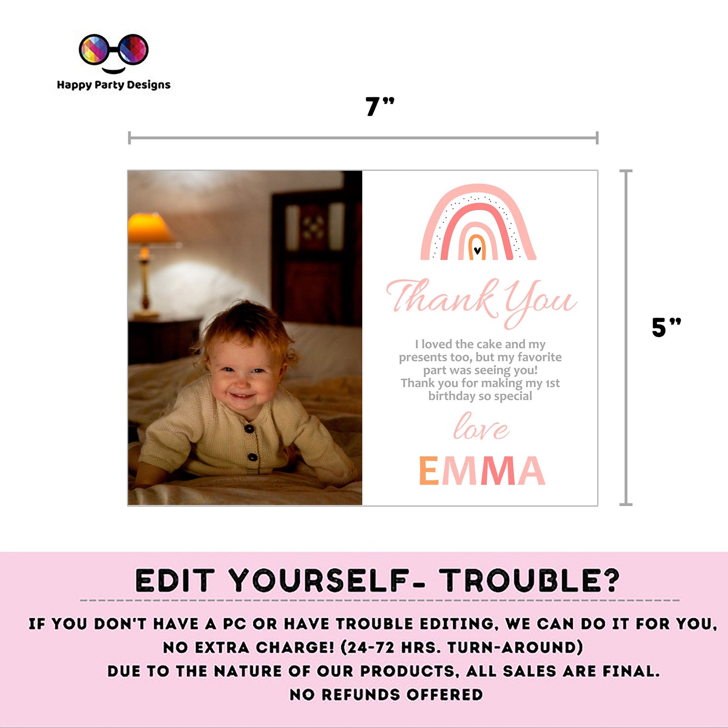 Editable Rainbow Thank You Photo Card | First birthday Rainbow thank you card with picture |Boho birthday |Muted Tone Rainbow Birthday #K19